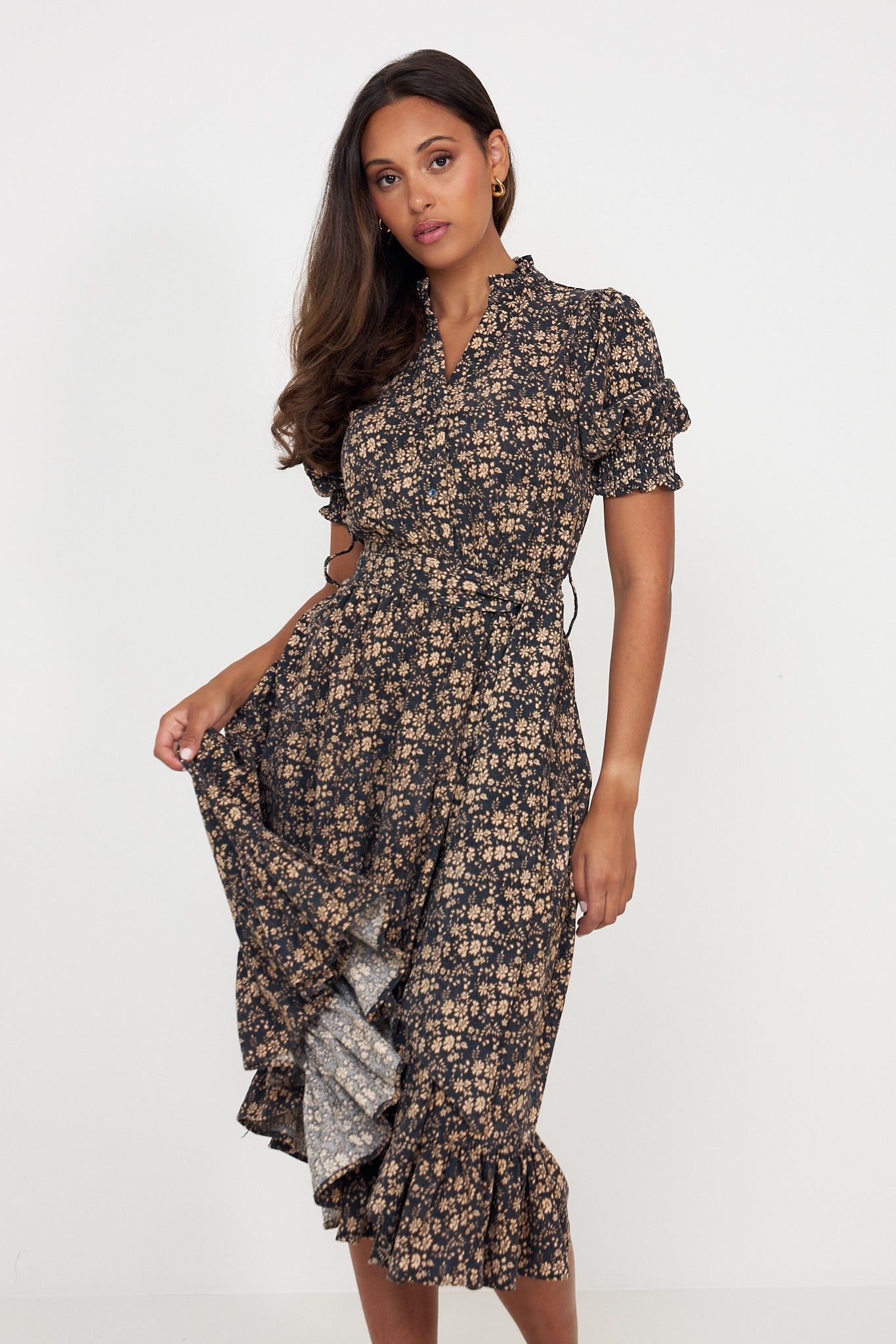 Grete Cord Midi Dress - Navy Flower