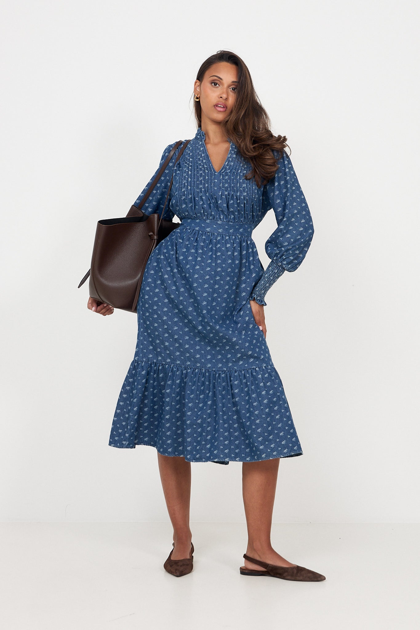 Evina Denim Flower Midi Dress - Blue Floral
