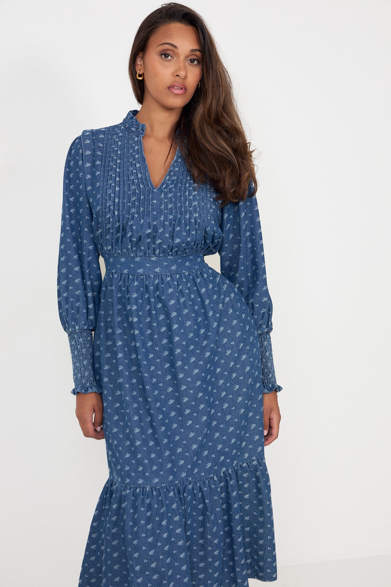 Evina Denim Flower Midi Dress - Blue Floral