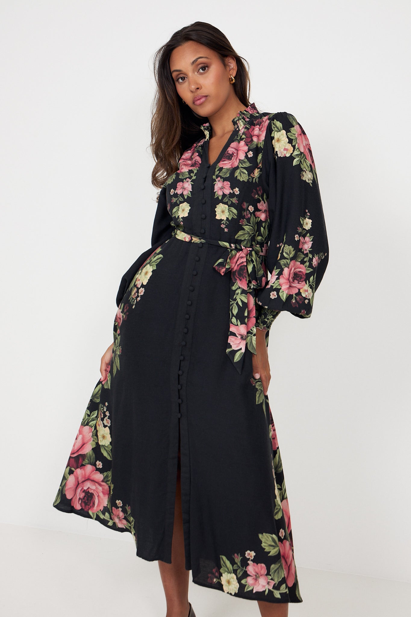 Benedicte Linen Midi Dress - Dark Pink