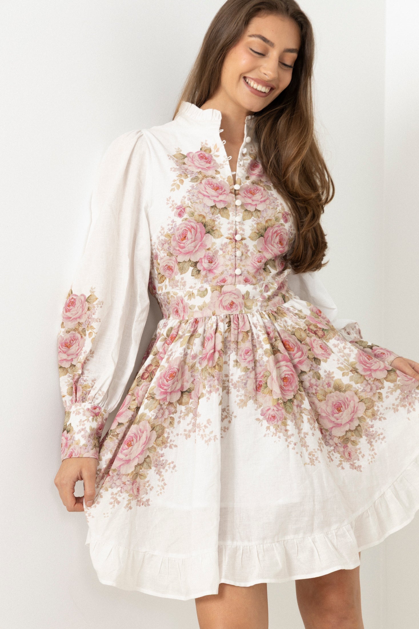 Liv Linen Cotton Mini Dress - Off-White / Pink