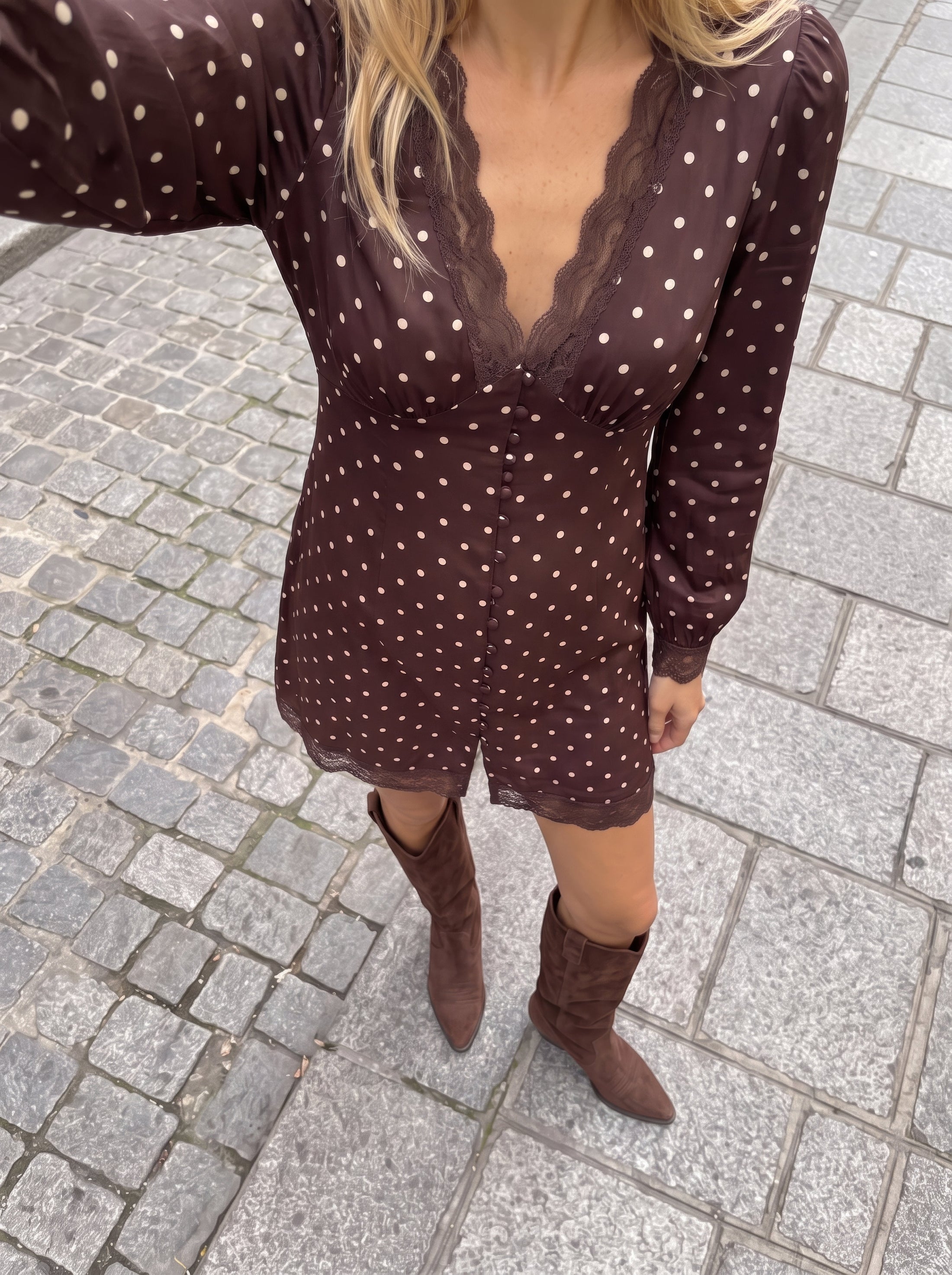 Agni Satin Lace Dot Dress - Aubergine