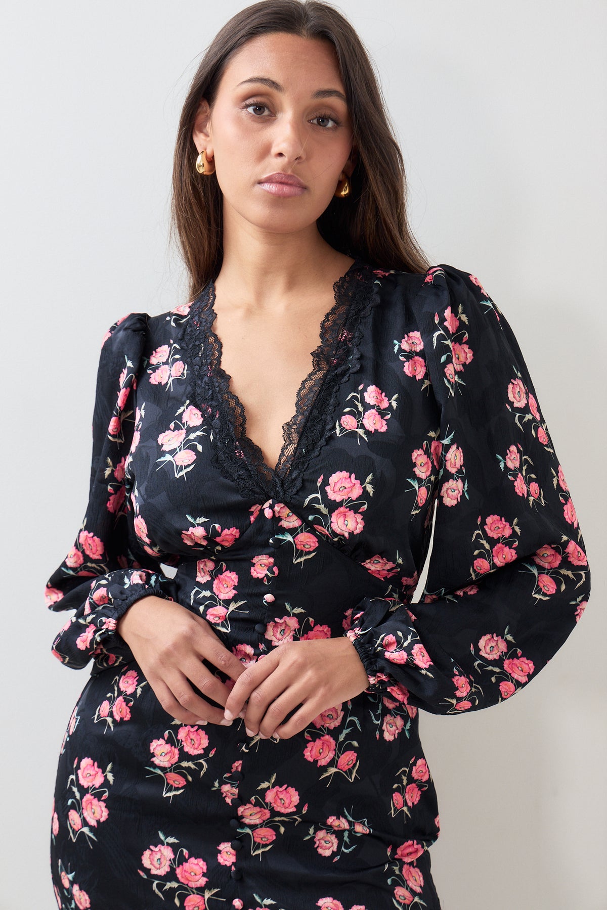 Annicken Floral Midi Dress - Black Floral