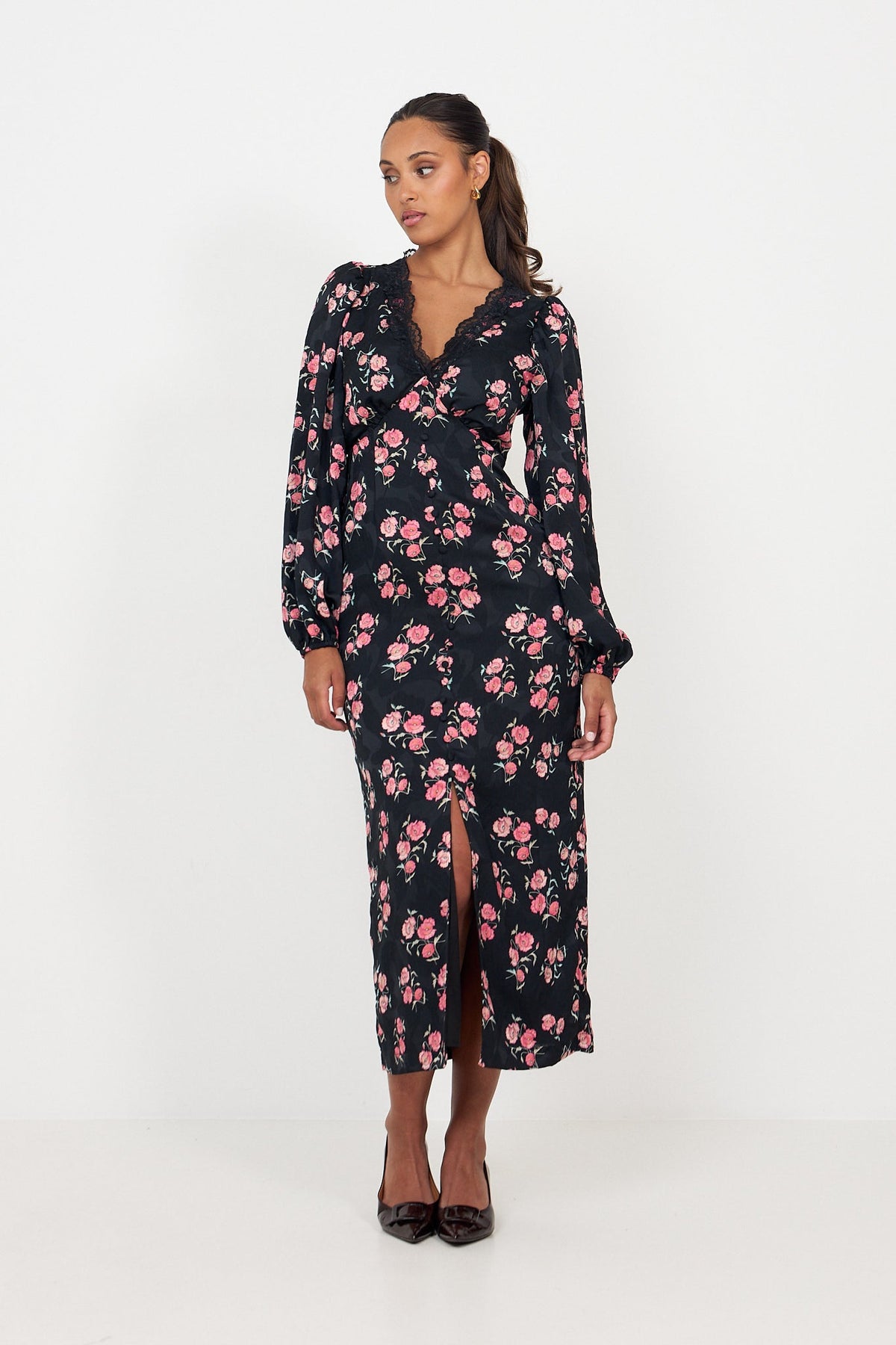 Annicken Floral Midi Dress - Black Floral