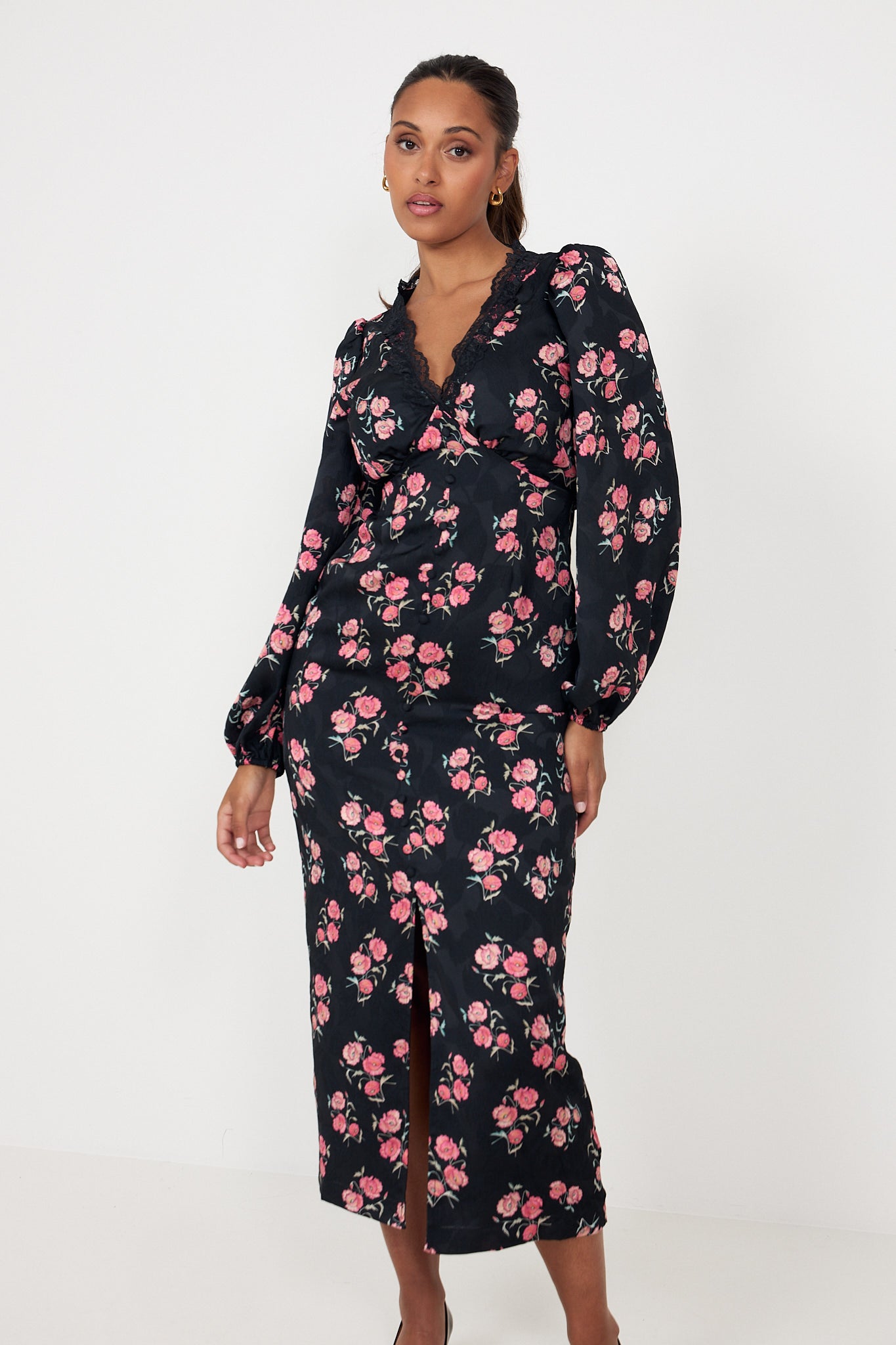 Annicken Floral Midi Dress - Black Floral