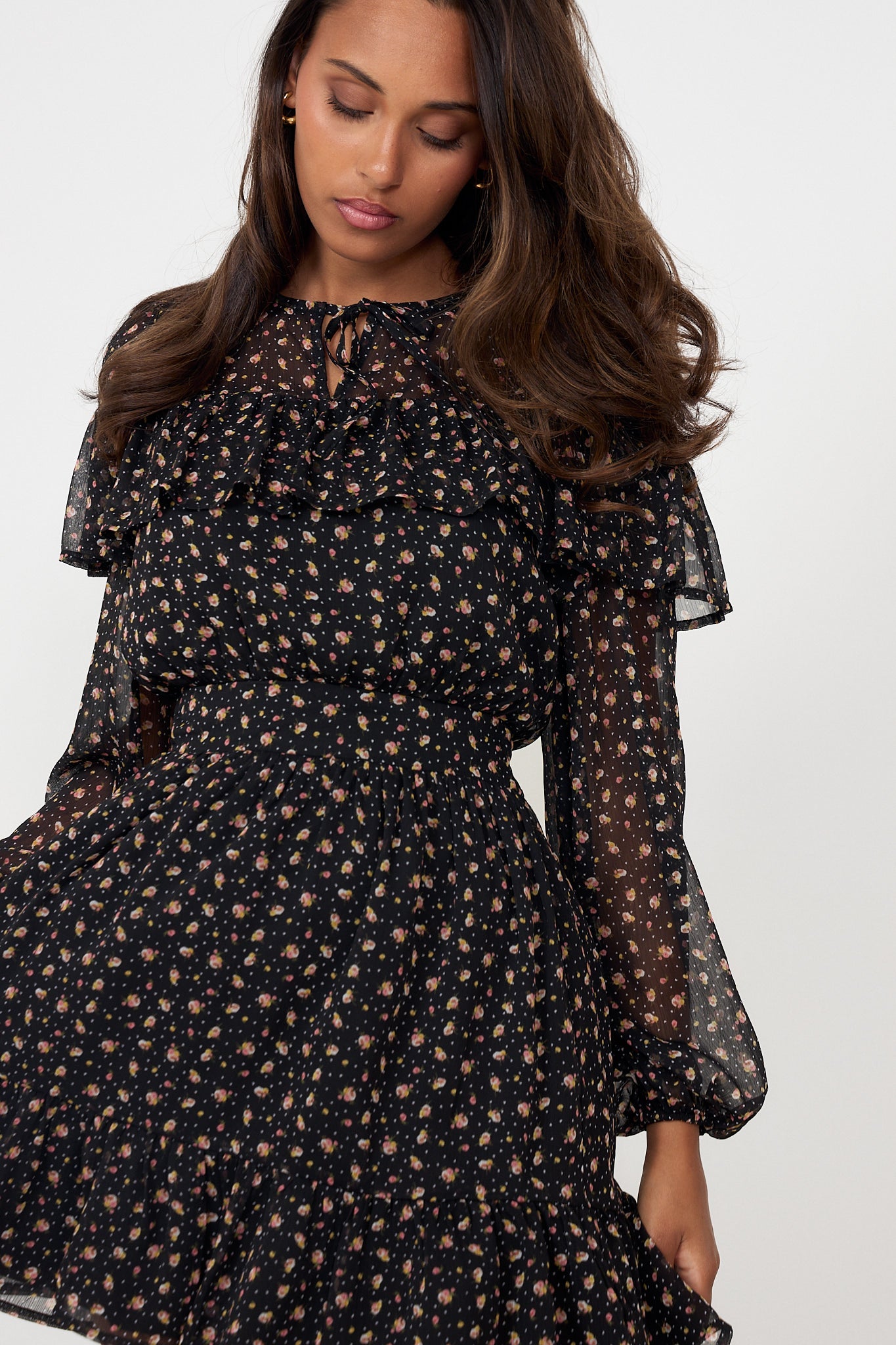 Eyra Chiffon Ruffle Mini Dress - Black Flower