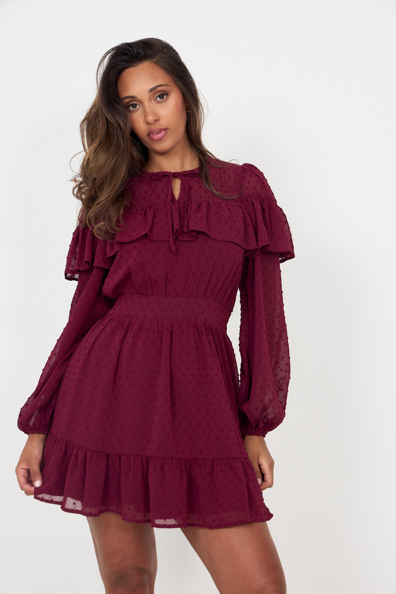 Eyra Ruffle Mini Dress - Bordeaux