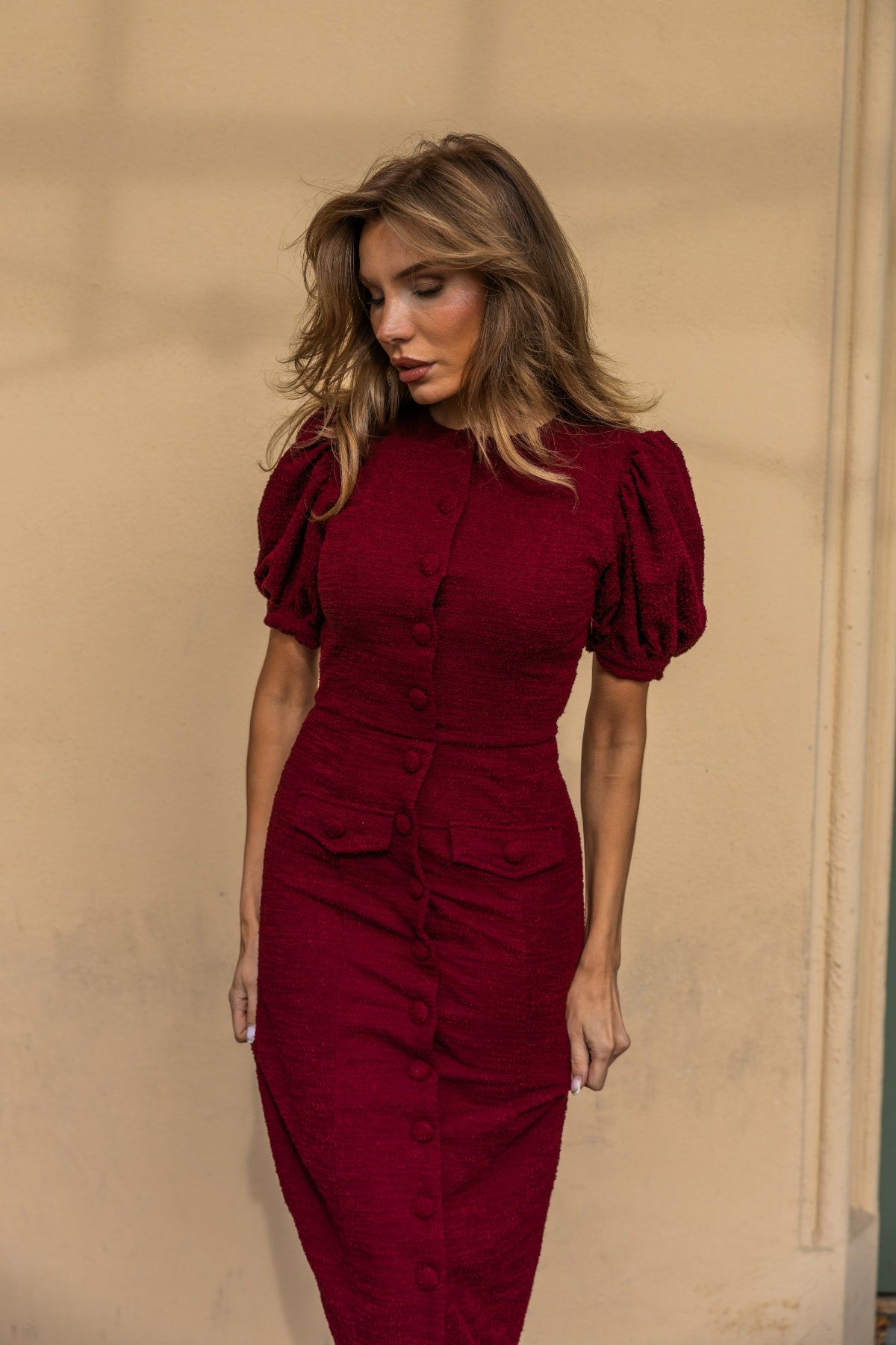 Irma Boucle Midi Dress - Bordeaux