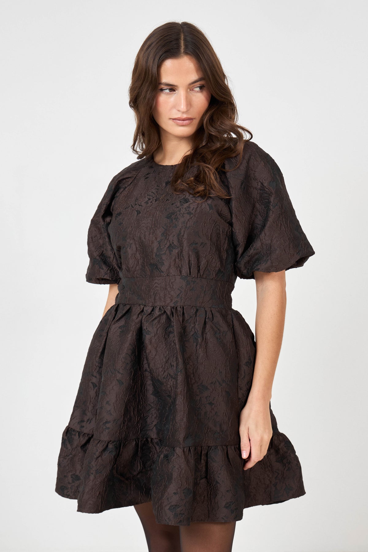 Svanhild Brocade Mini Dress - Dark Brown