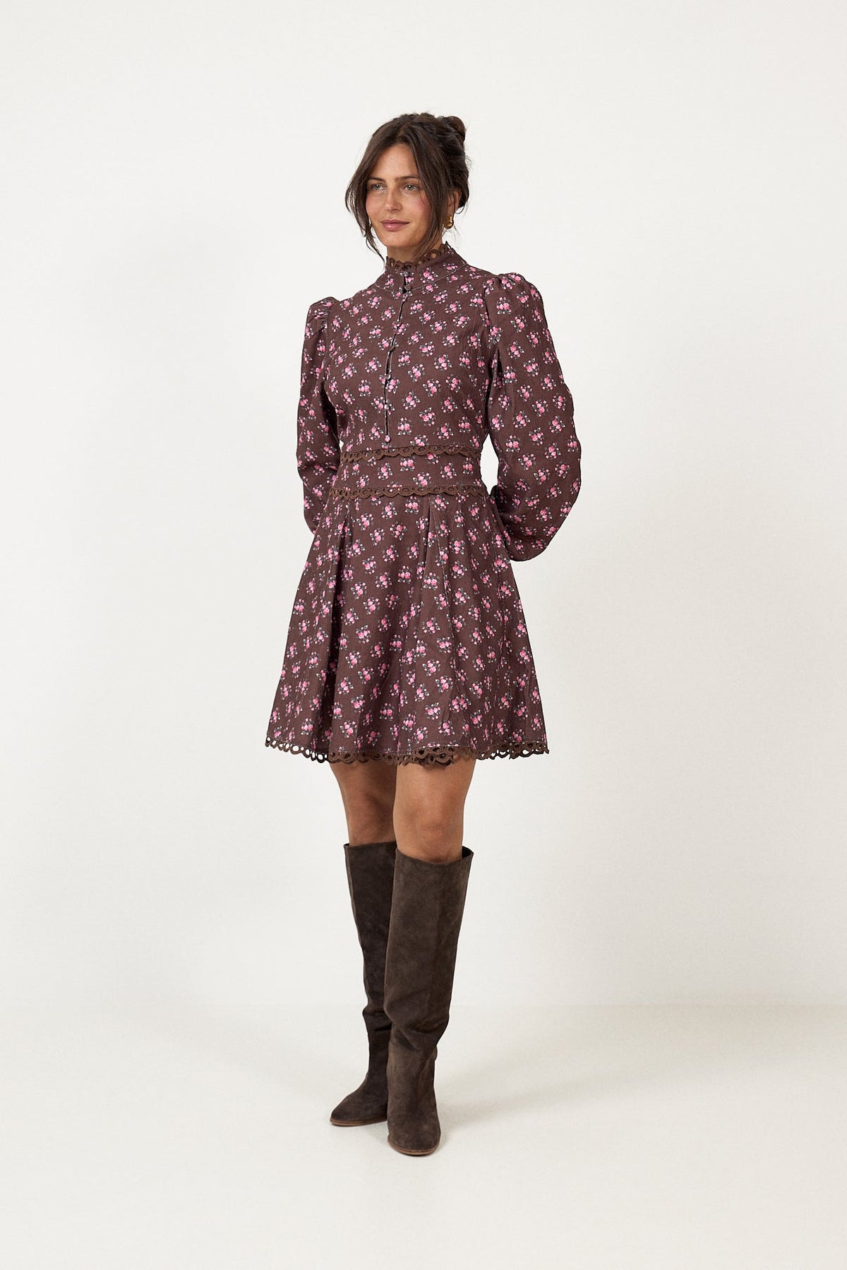 Disa Cord Mini Dress - Brown Floral