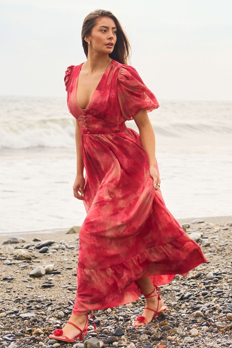 Nordalill Chiffon Maxi Dress - Coral Red