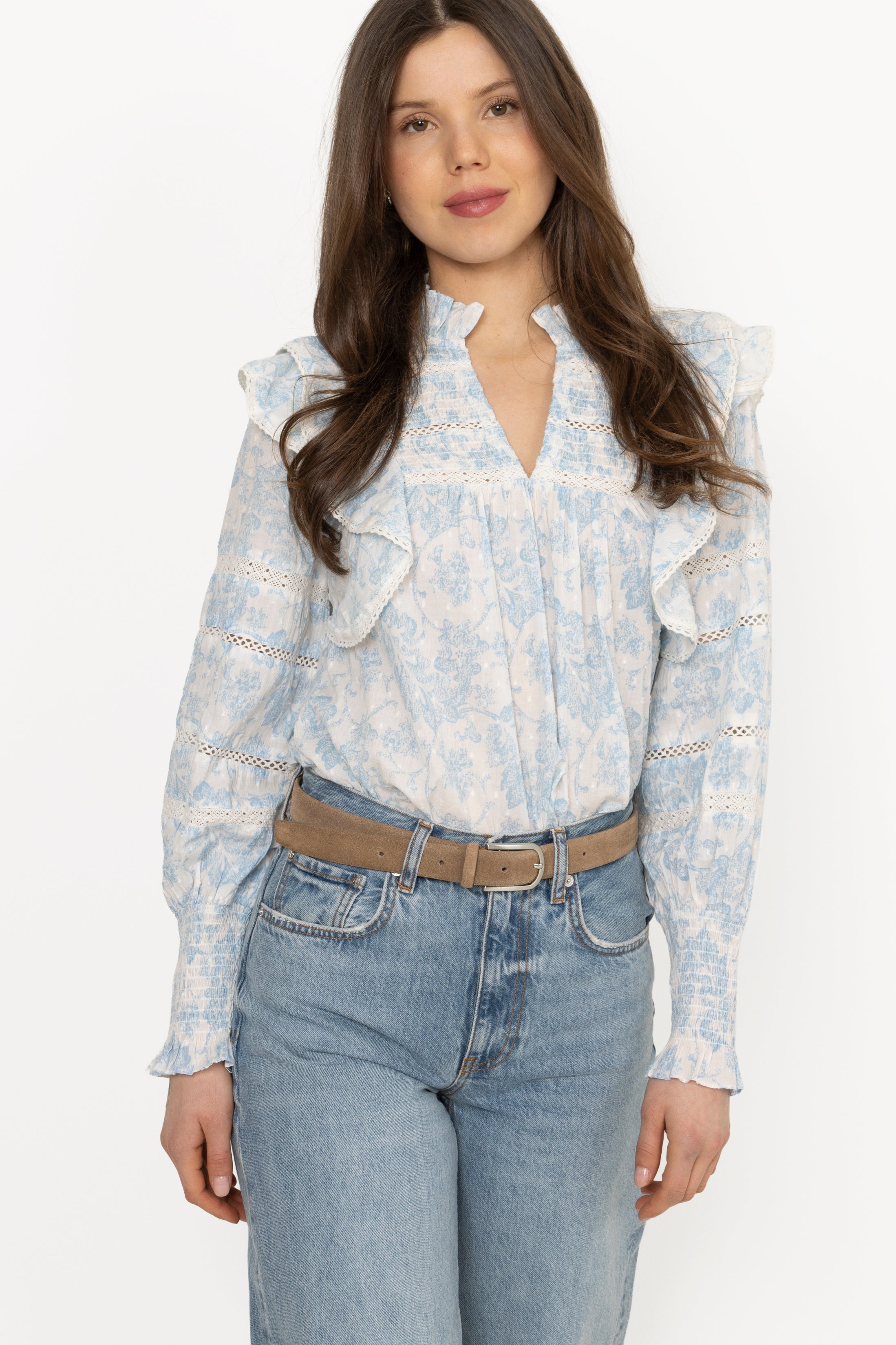 Vårun Flower Dobby Blouse - Blue Dobby Flower