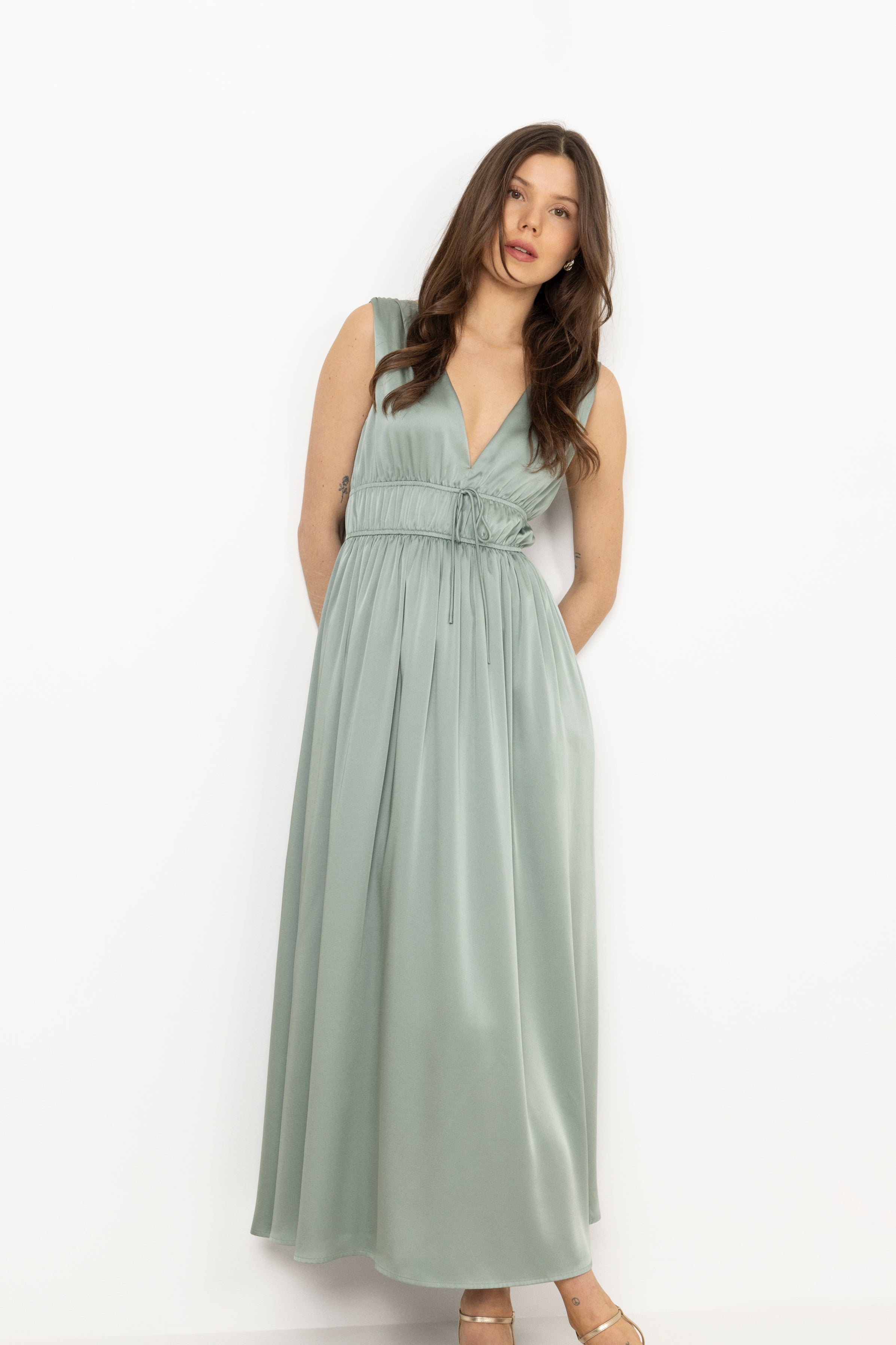 Martine Satin Maxi Dress - Sage Green