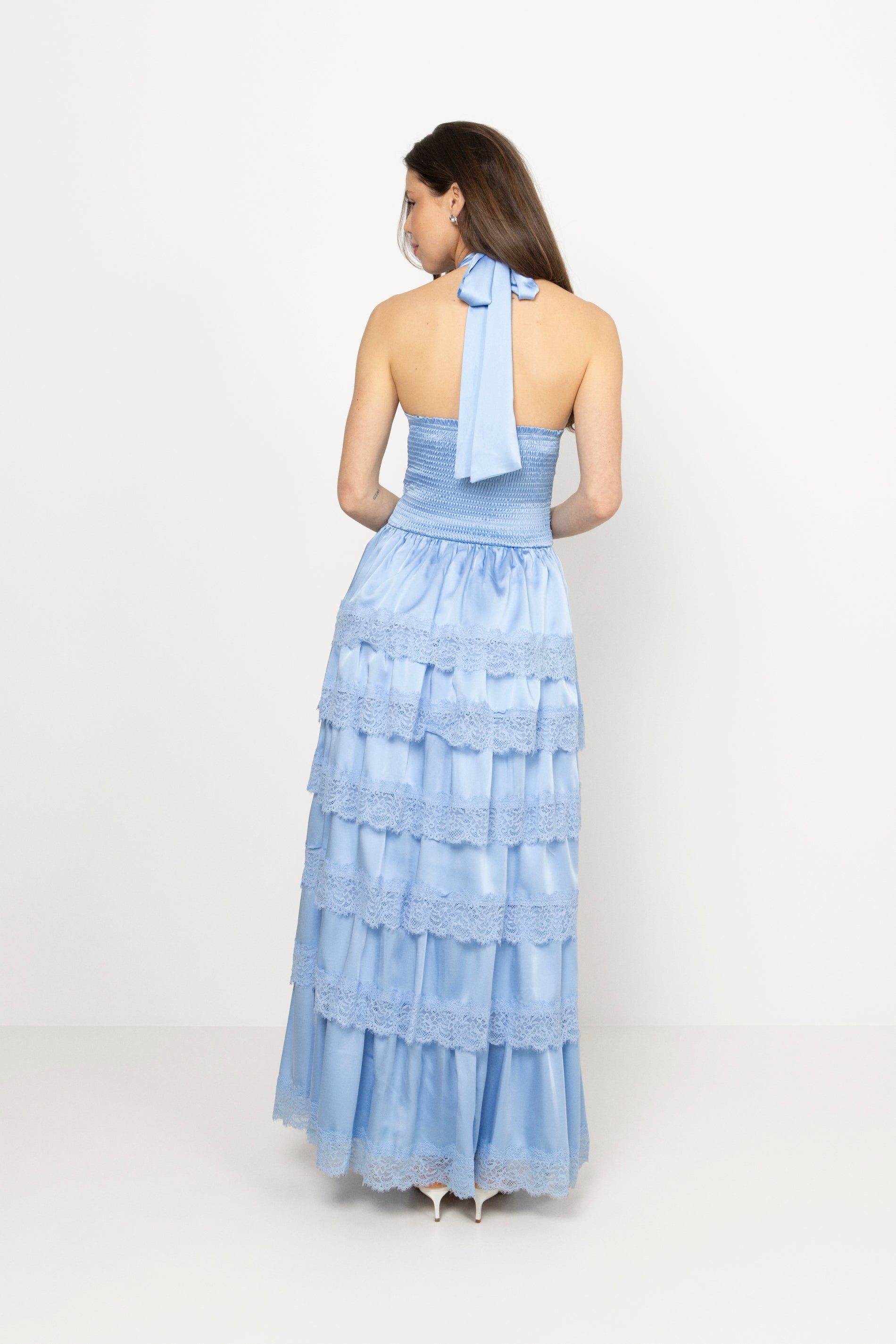 Ingalu Satin Lace Maxi Dress - Light Blue