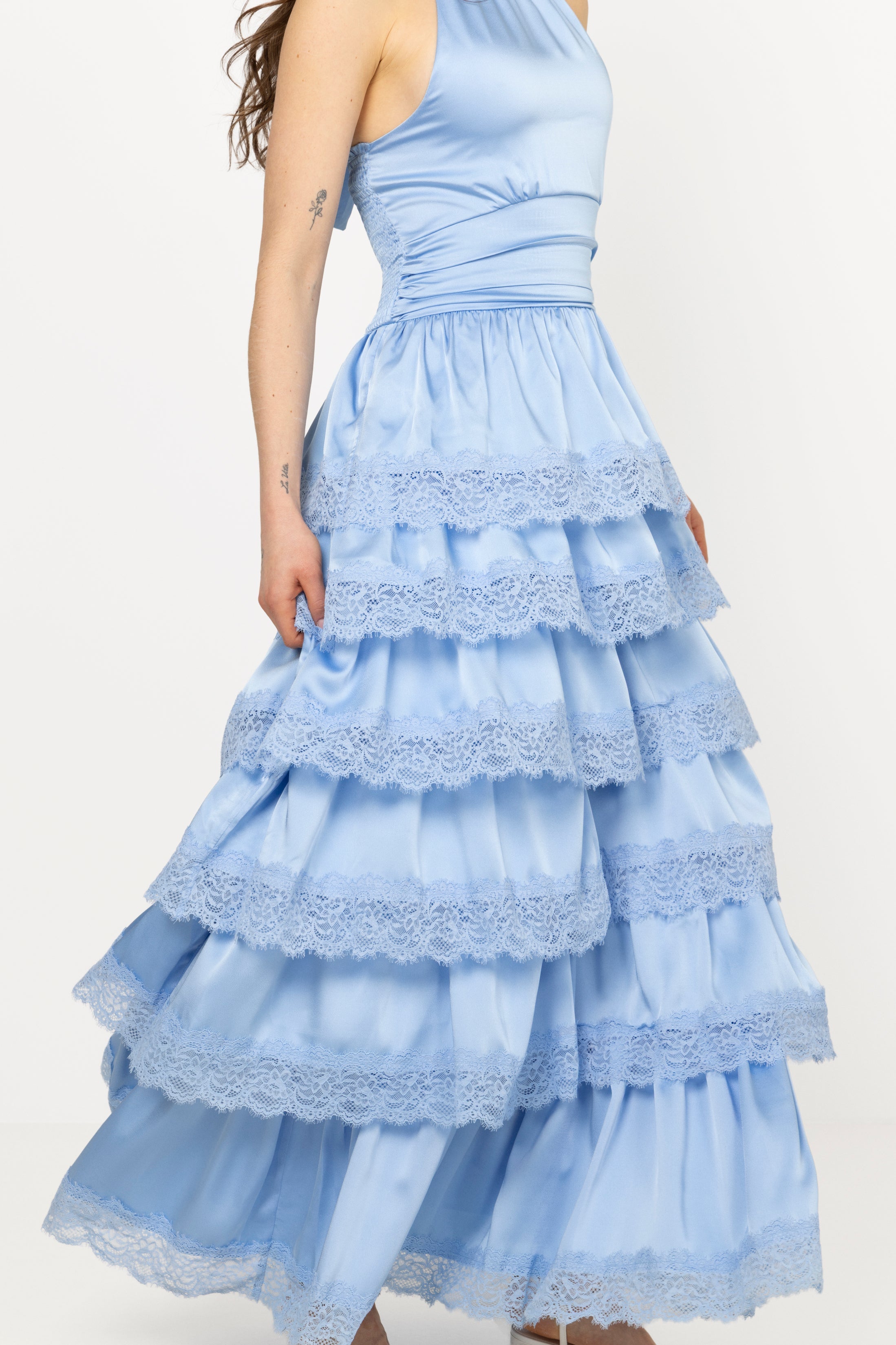 Ingalu Satin Lace Maxi Dress - Light Blue