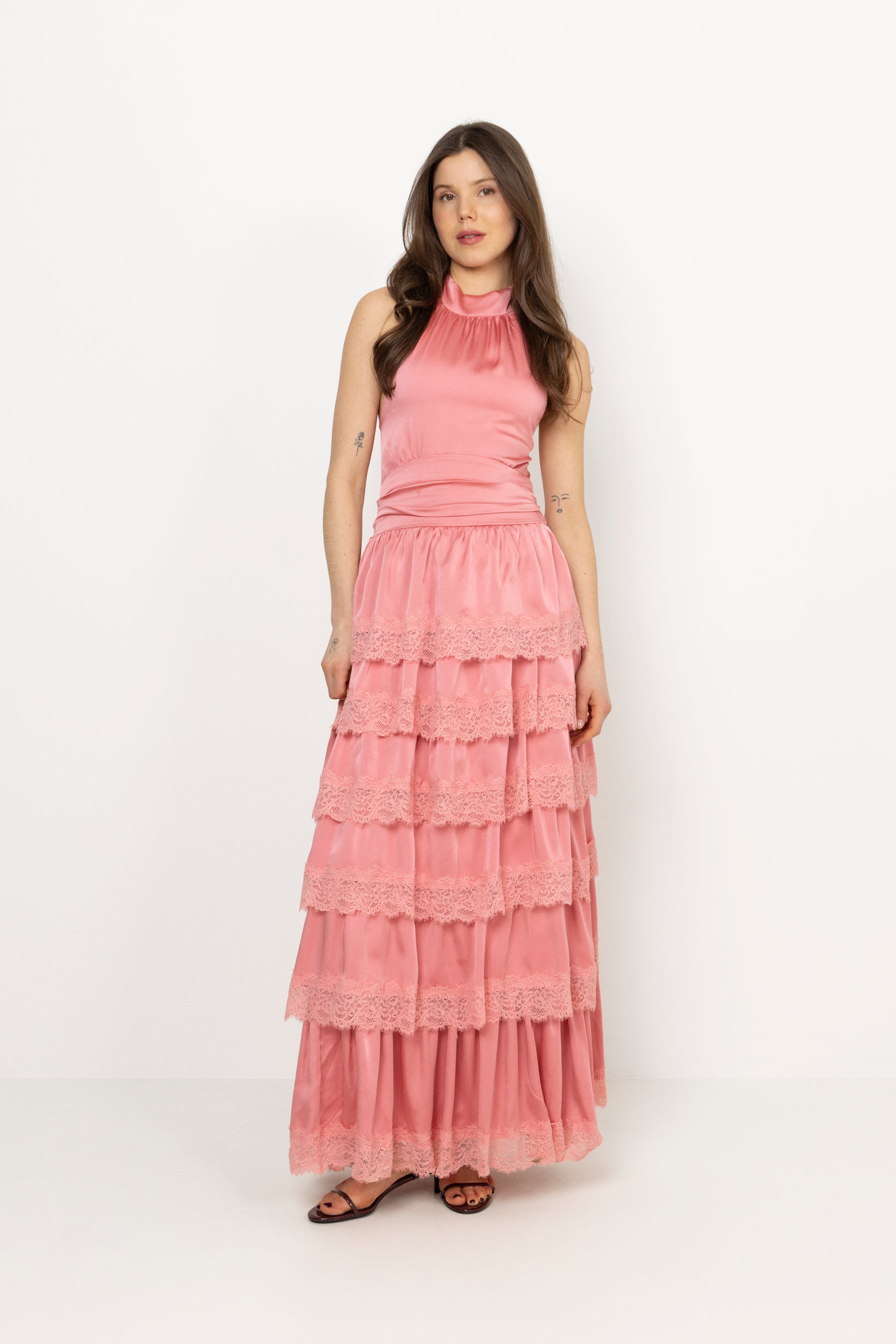 Ingalu Satin Lace Maxi Dress - Coral
