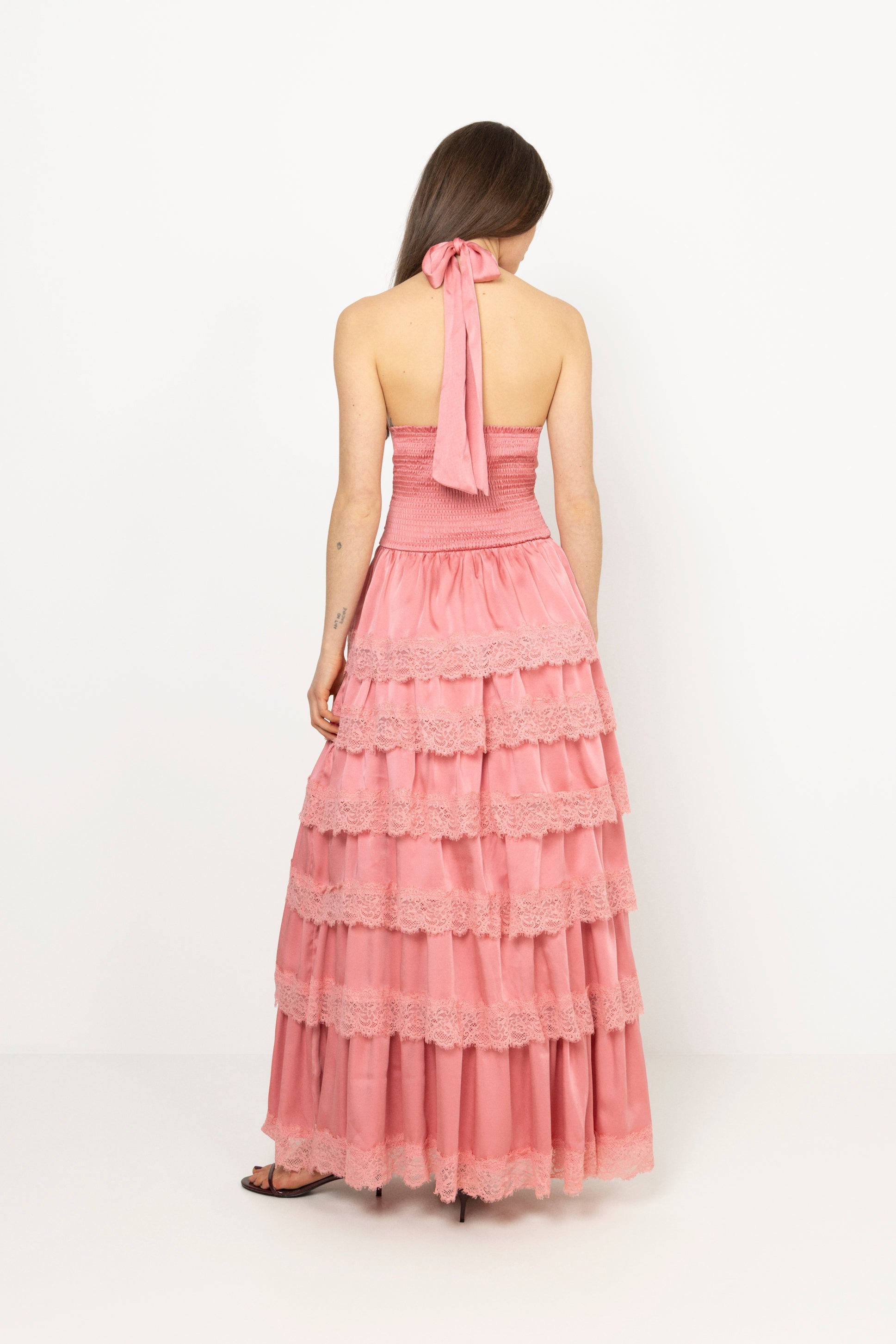 Ingalu Satin Lace Maxi Dress - Coral