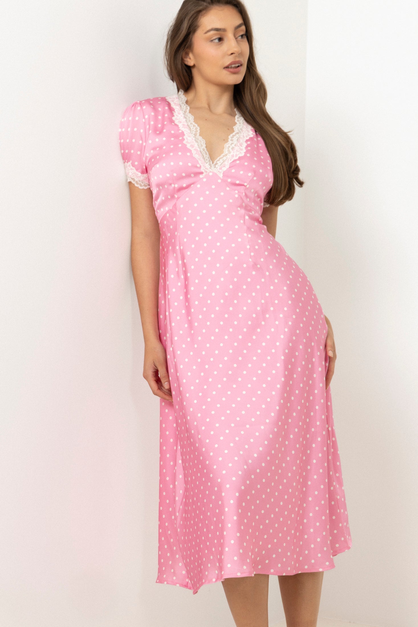 Agnes Dot Satin Midi Dress - Pink