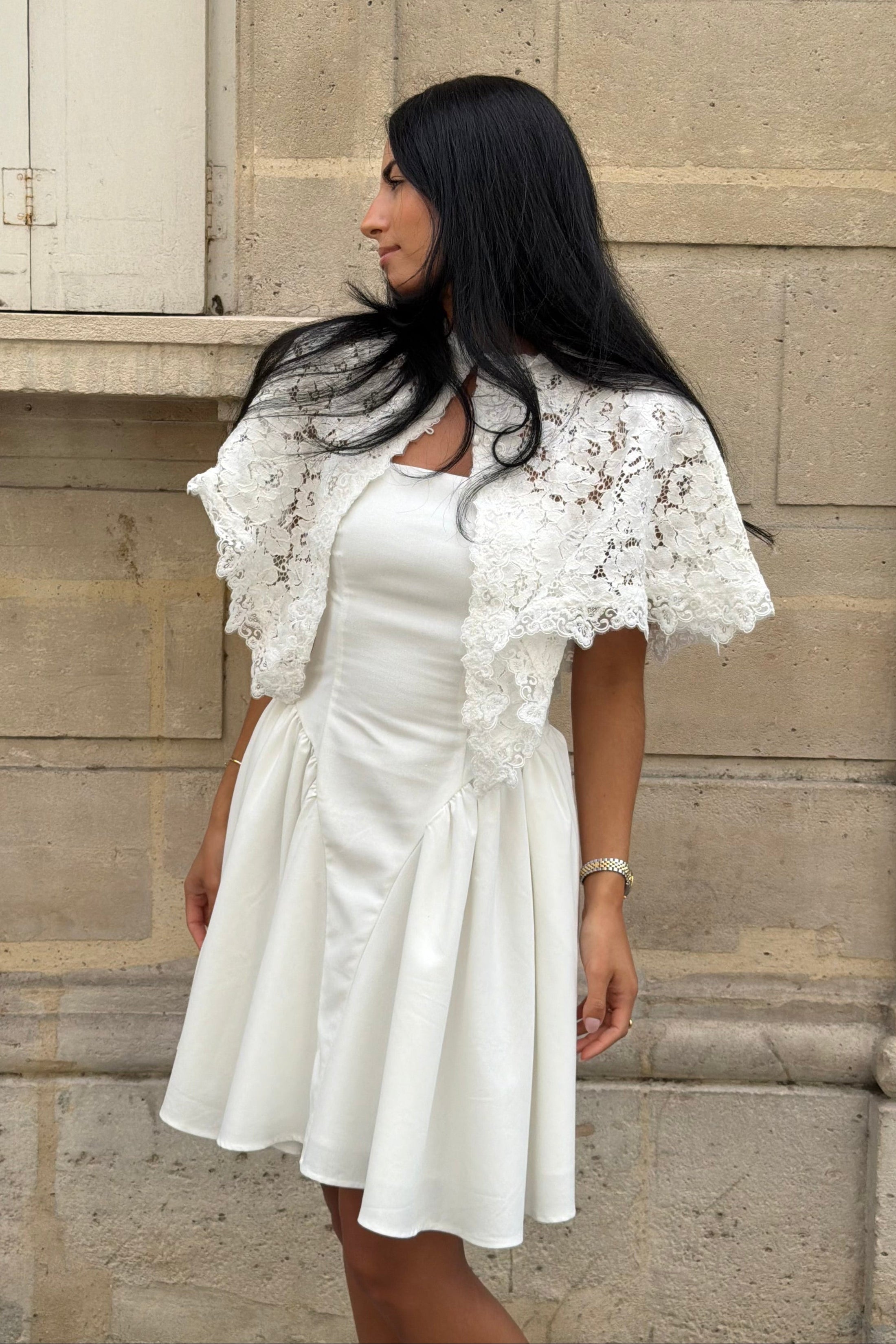 Aurora Linen Cape Mini Dress - White