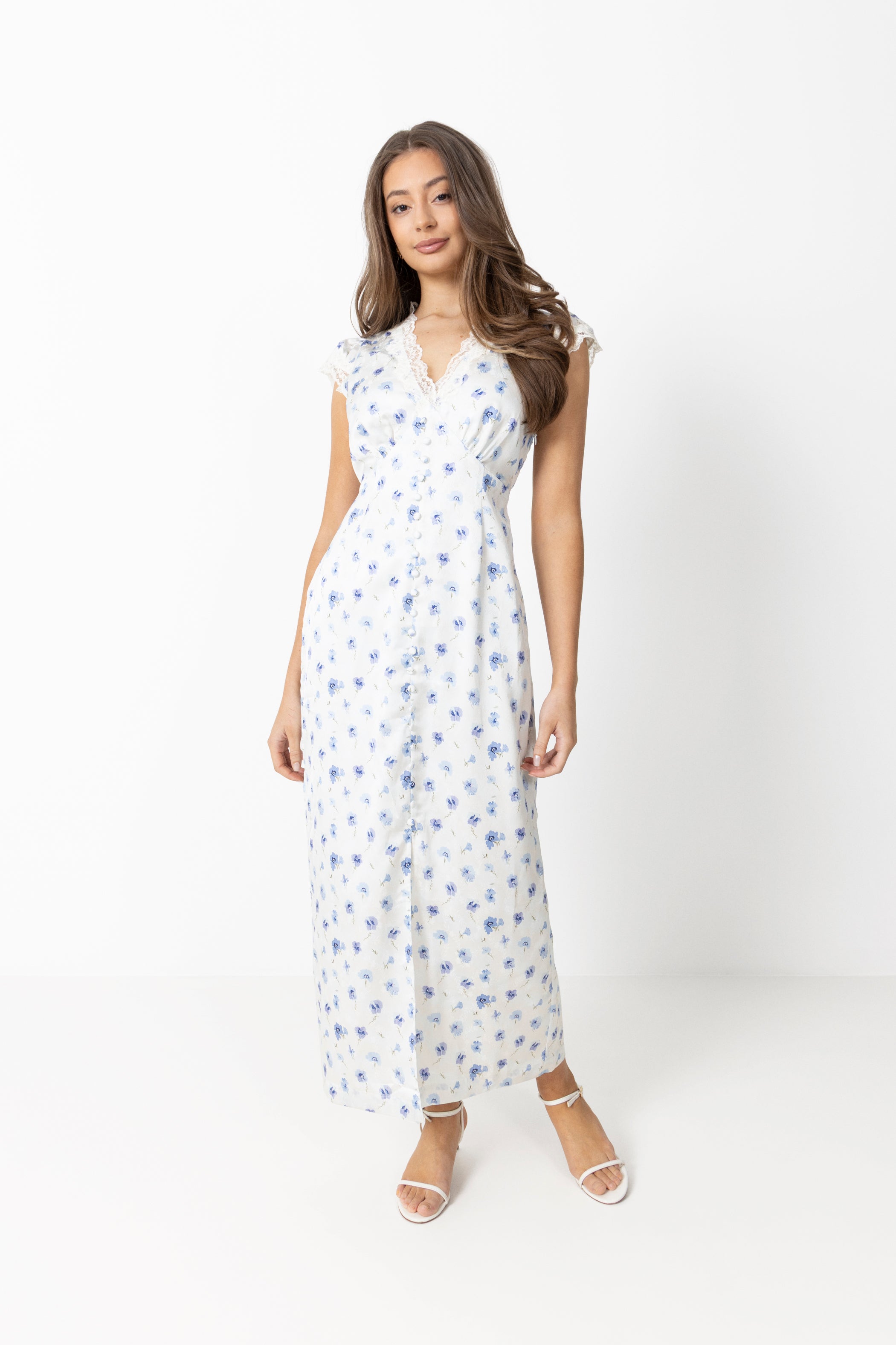 Agnes Satin Lace Dress - Blue Floral