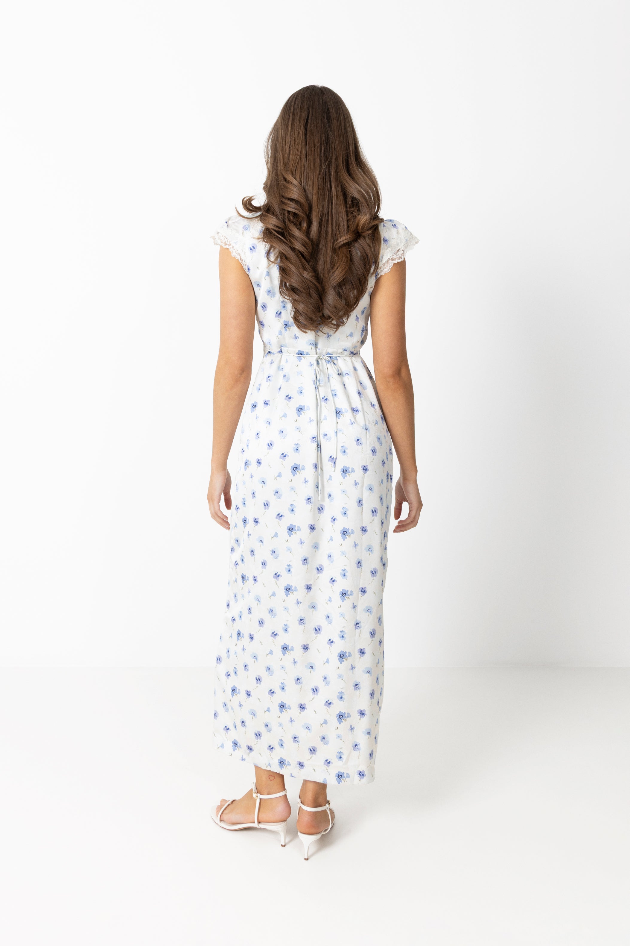 Agnes Satin Lace Dress - Blue Floral
