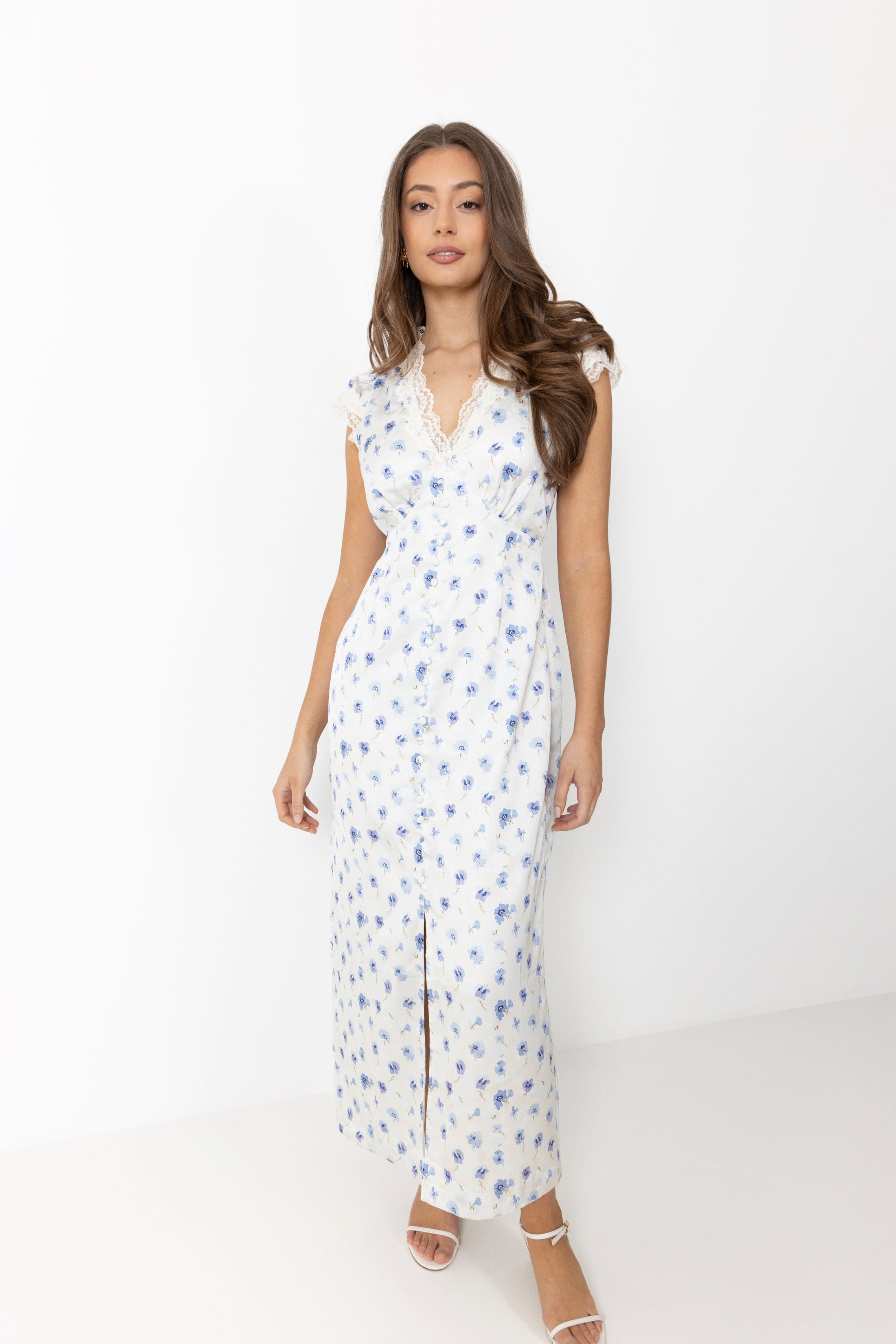 Agnes Satin Lace Dress - Blue Floral