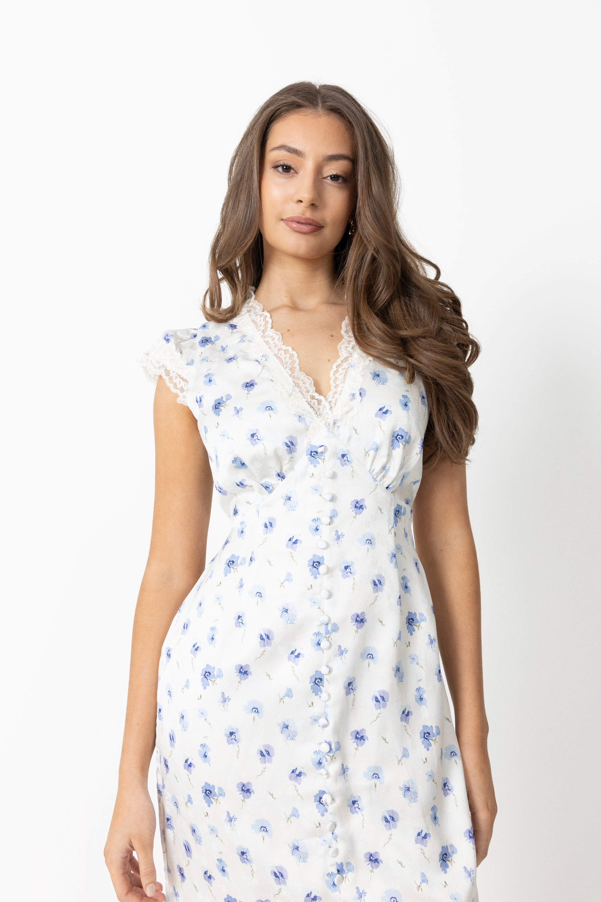 Agnes Satin Lace Dress - Blue Floral