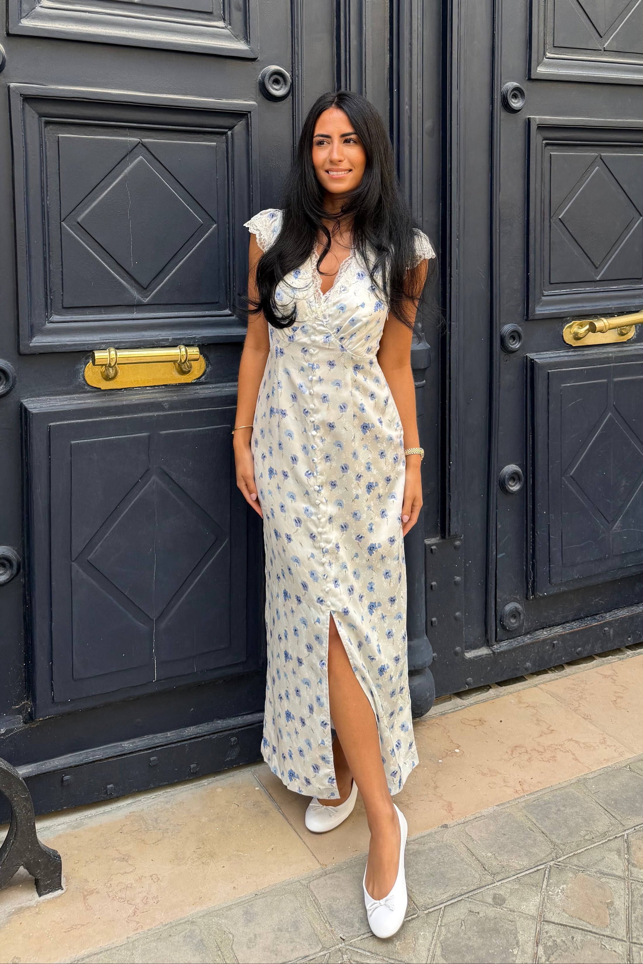 Agnes Satin Lace Dress - Blue Floral