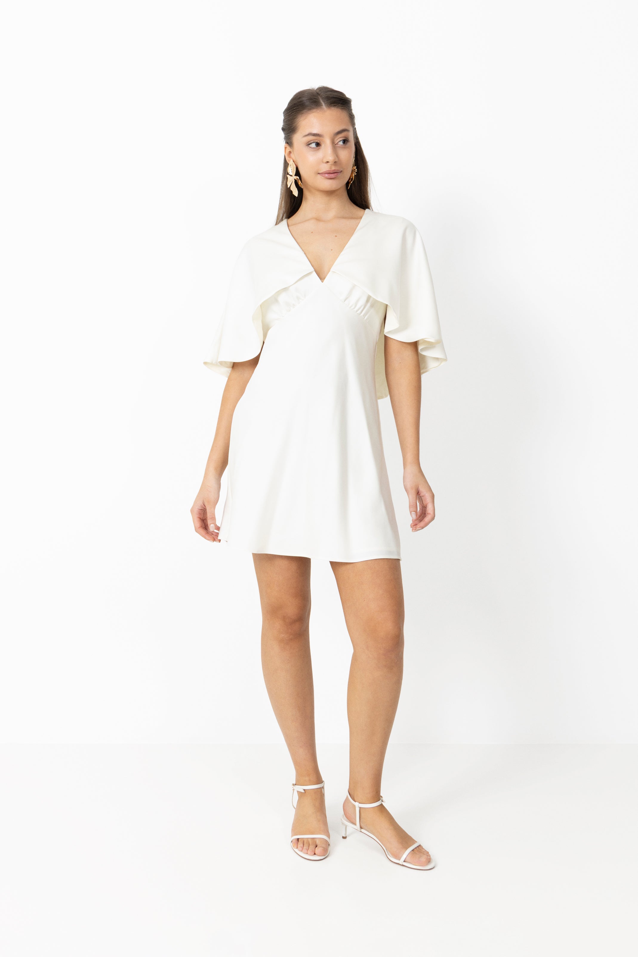 Ariel Satin Cape Mini Dress - Creme