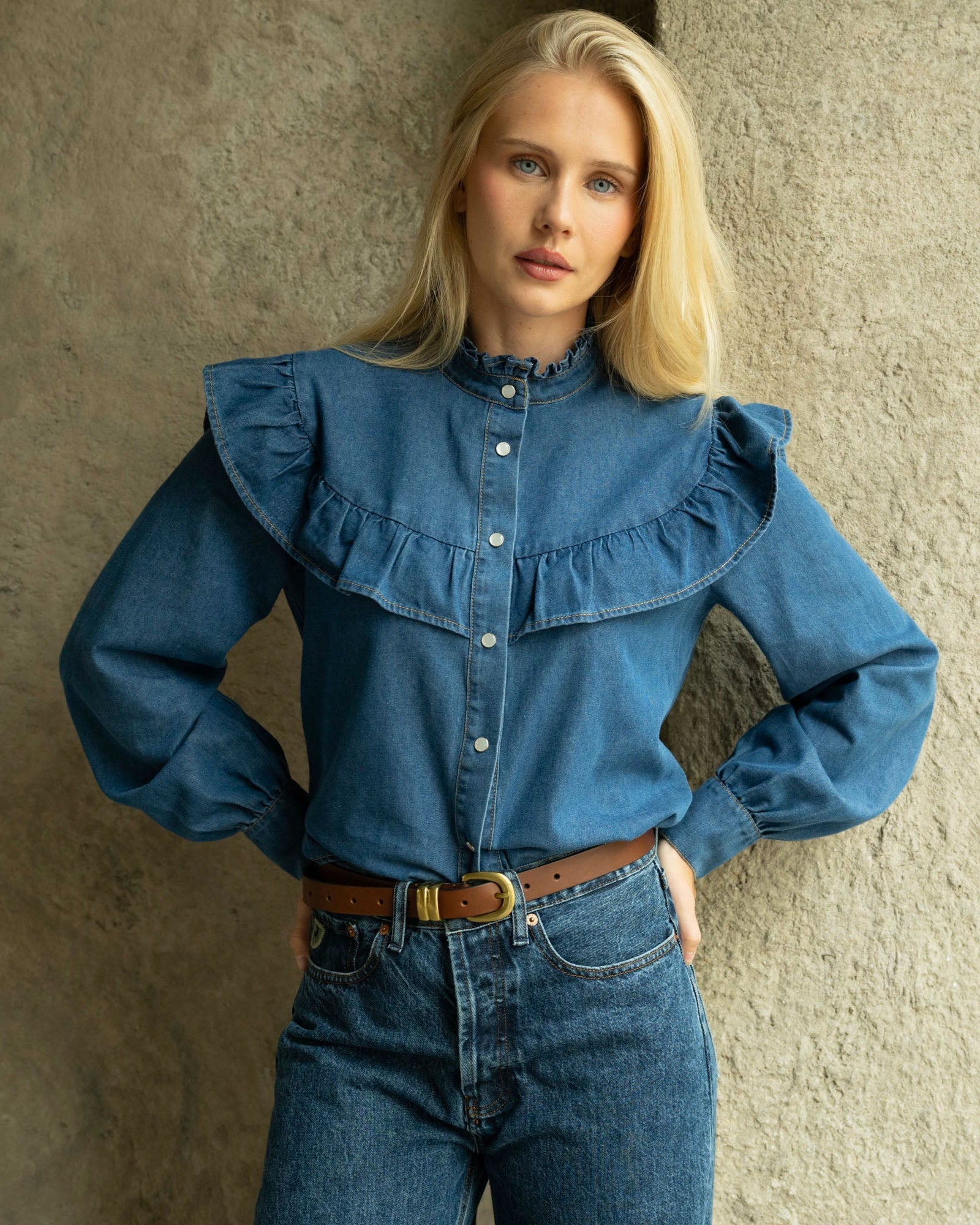 Ragna Denim Ruffle Blouse - Blue