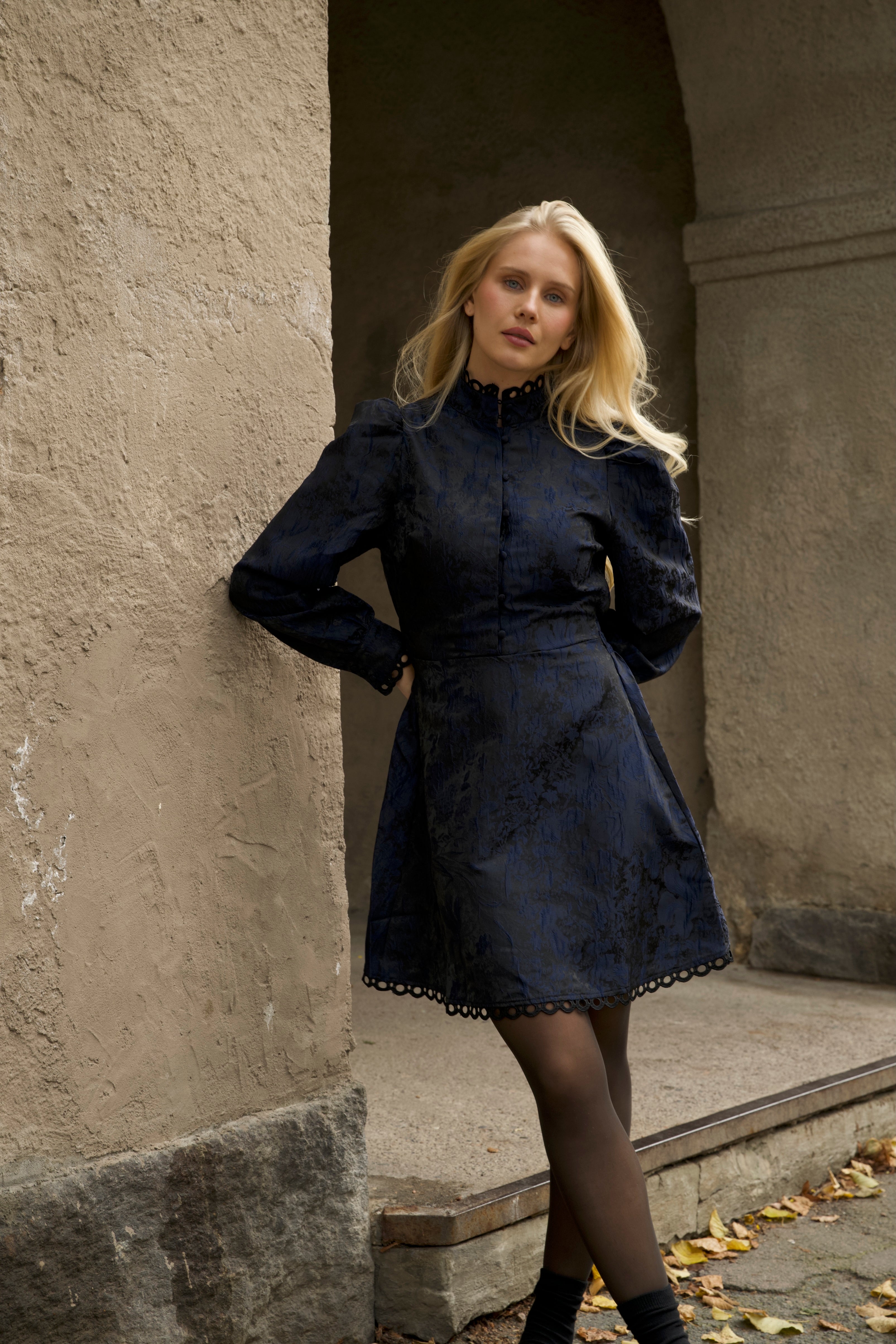 Bergine Brocade Pattern Dress - Dark Navy