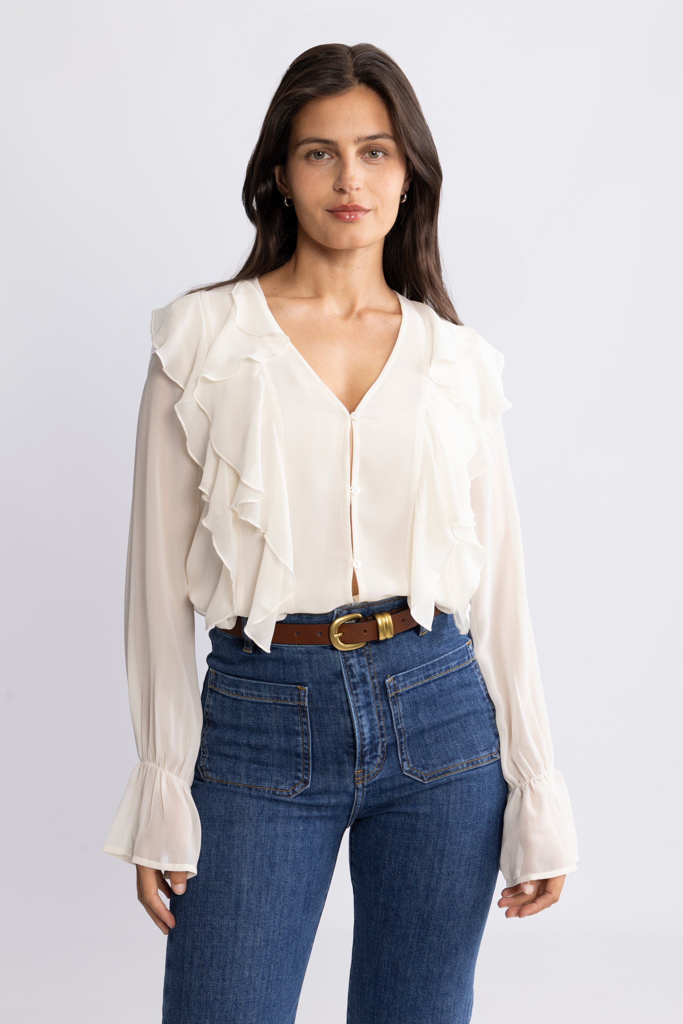 Hellvi Ruffle Chiffon Blouse - Creme
