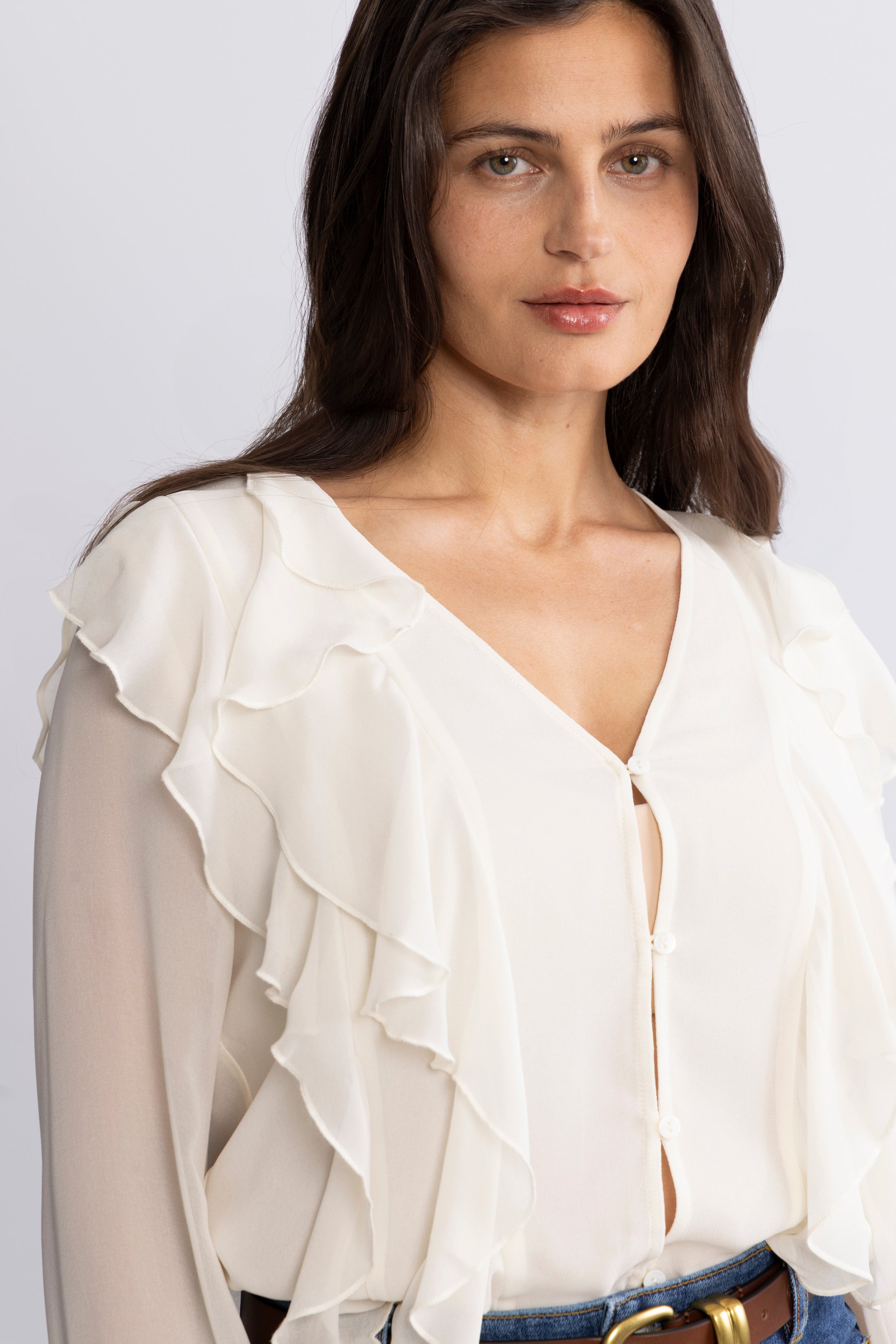 Hellvi Ruffle Chiffon Blouse - Creme