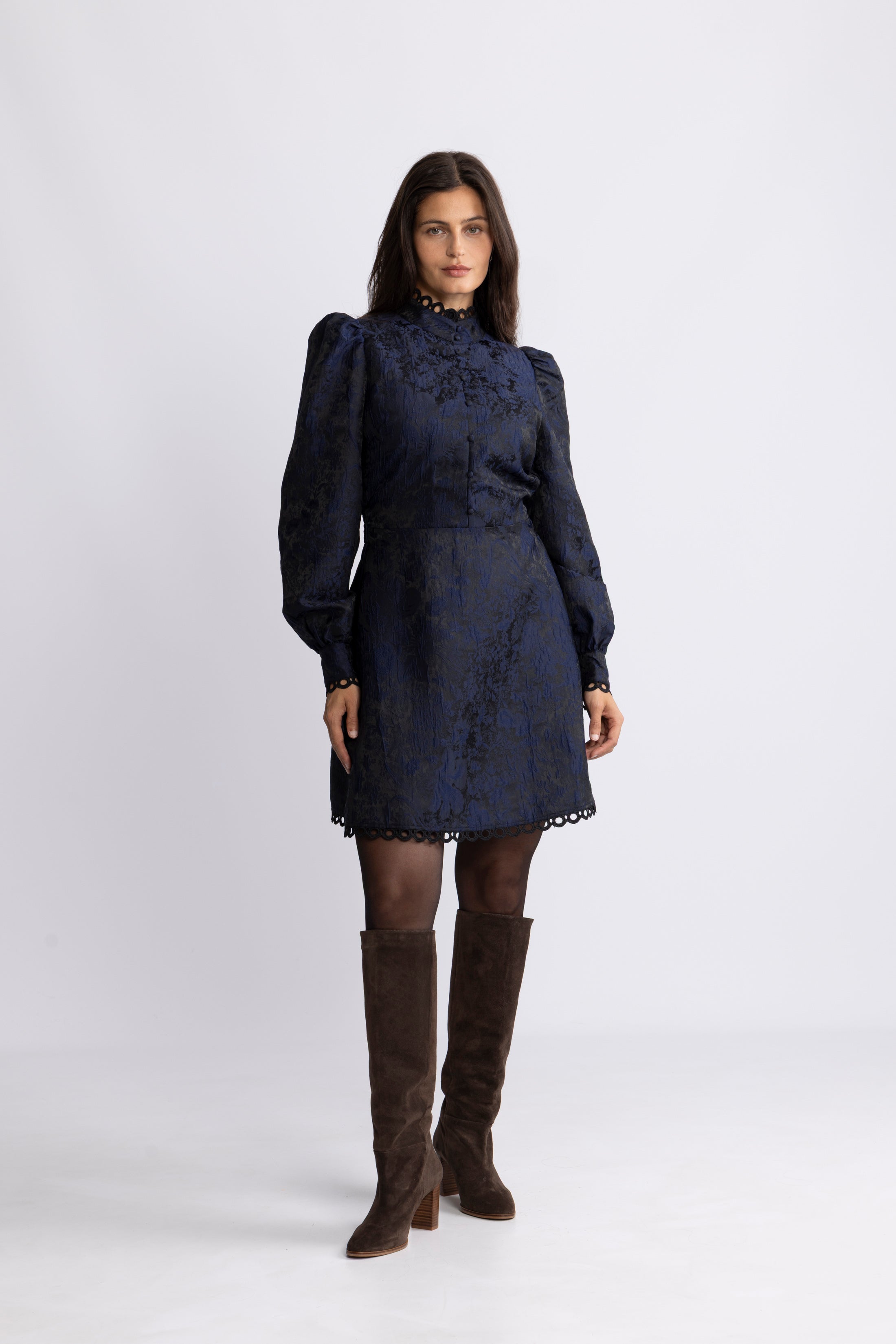 Bergine Brocade Pattern Dress - Dark Navy