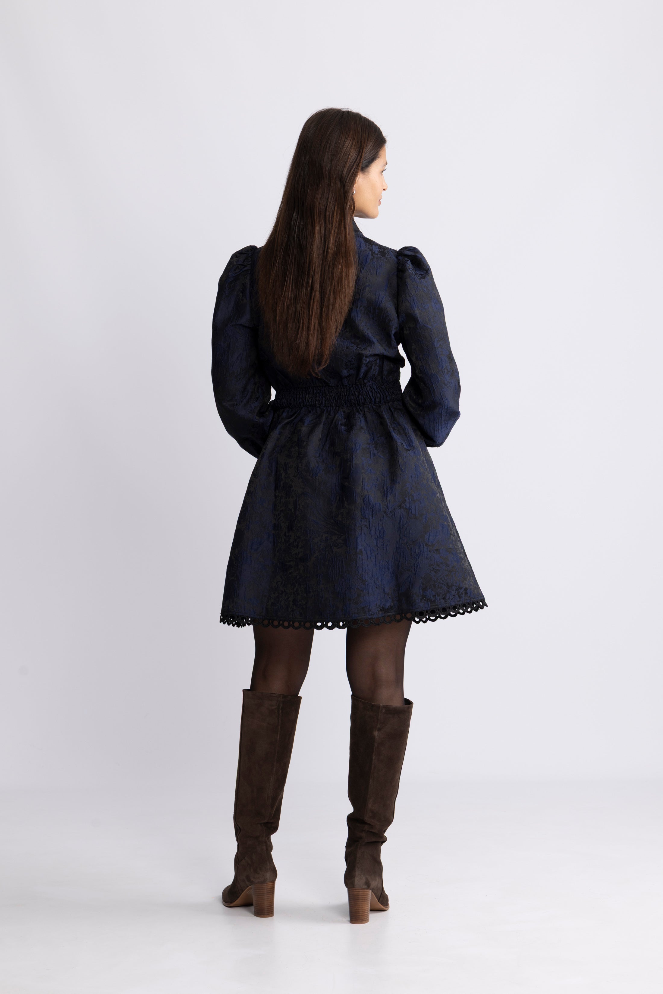 Bergine Brocade Pattern Dress - Dark Navy