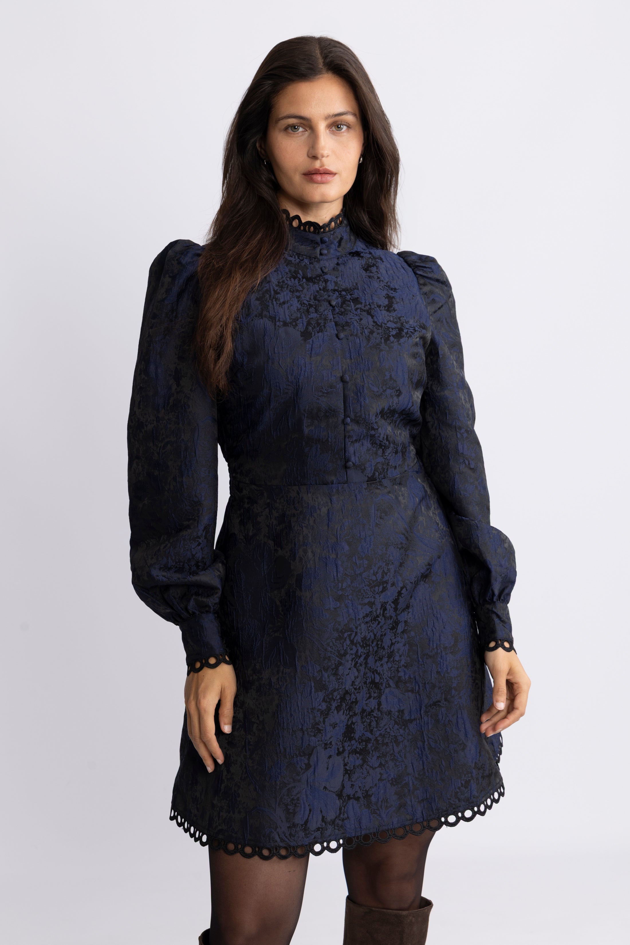 Bergine Brocade Pattern Dress - Dark Navy