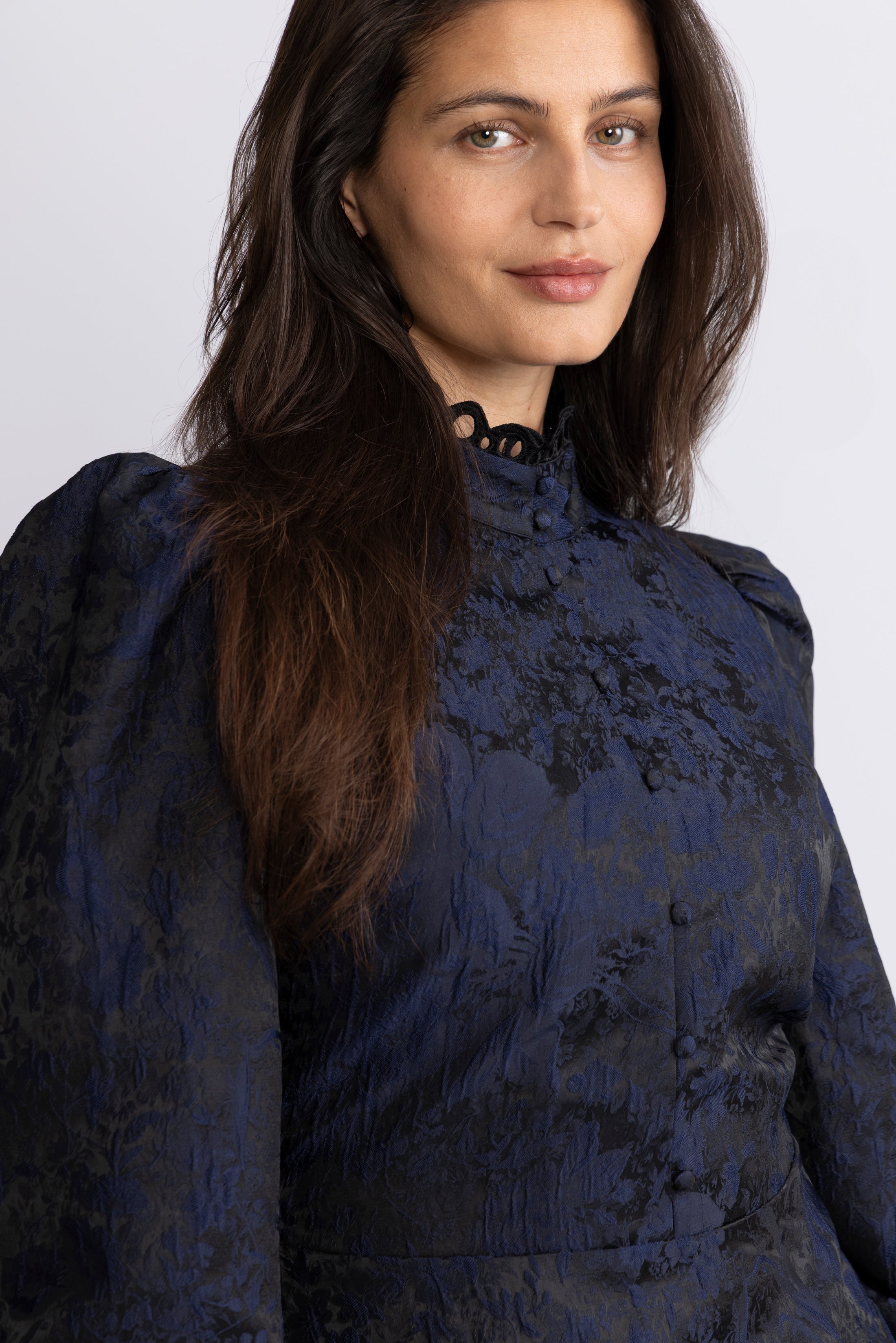 Bergine Brocade Pattern Dress - Dark Navy