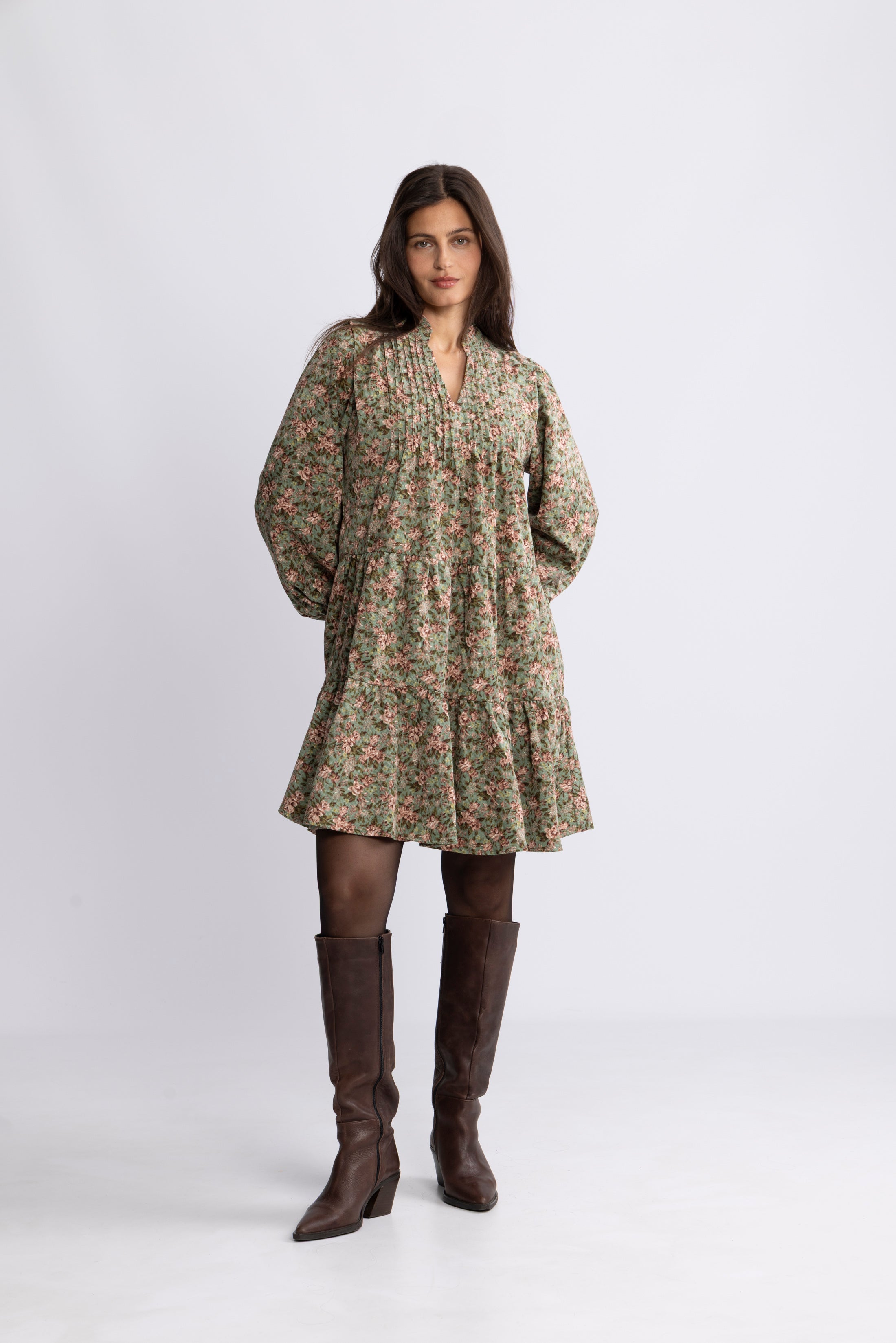 Embla Cord Floral Dress - Green Flower