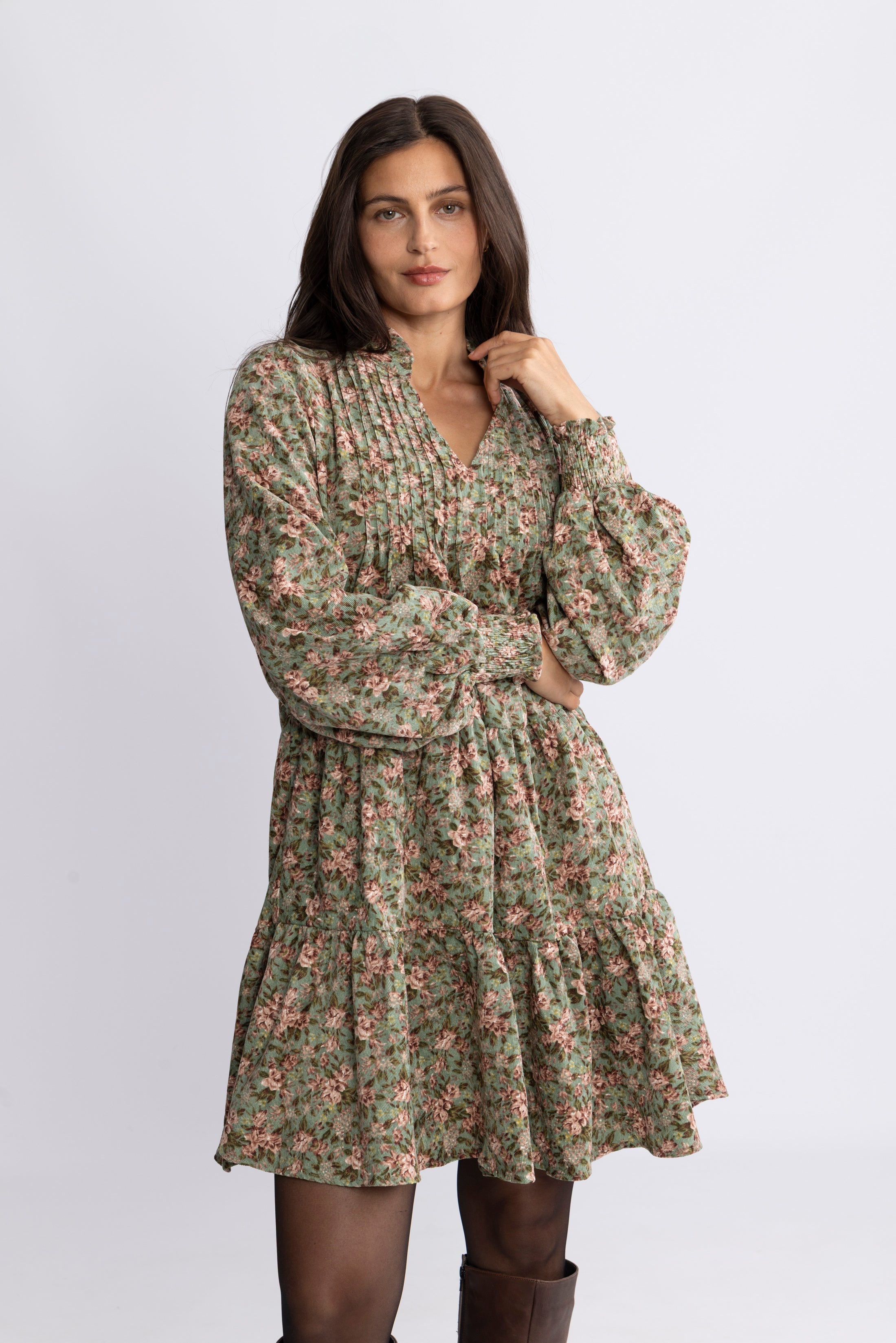 Embla Cord Floral Dress - Green Flower
