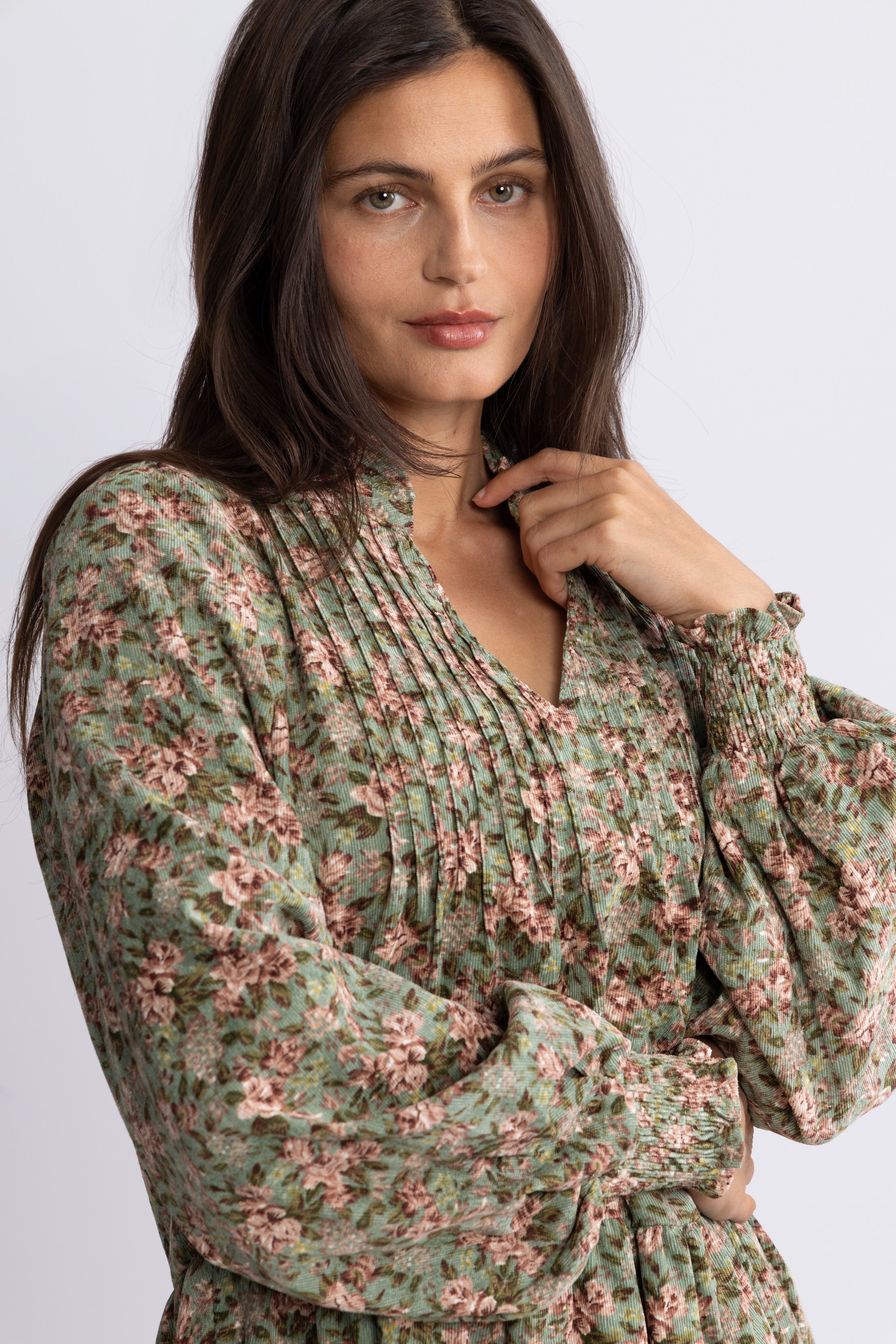 Embla Cord Floral Dress - Green Flower