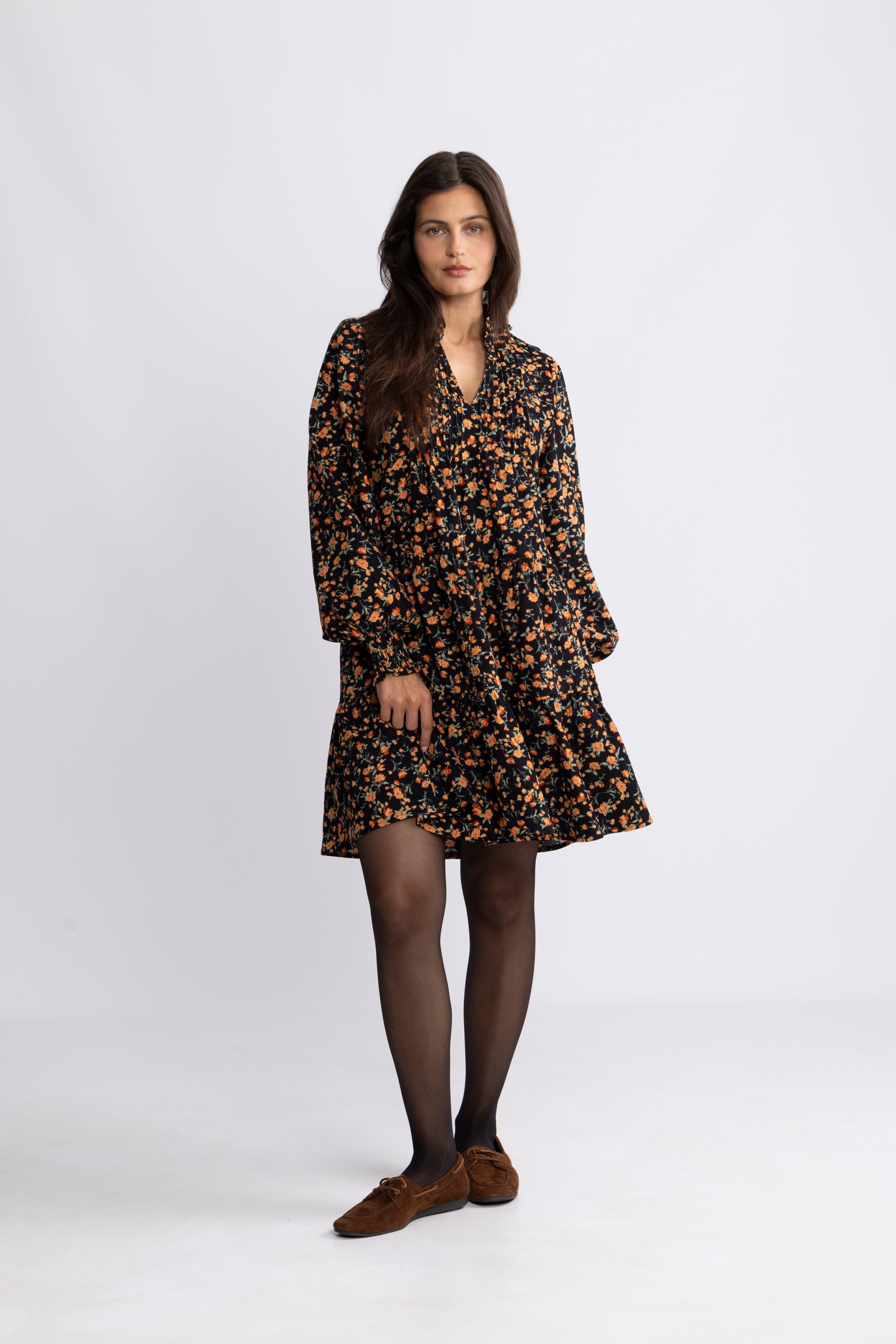 Embla Cord Flower Dress - Black Flower