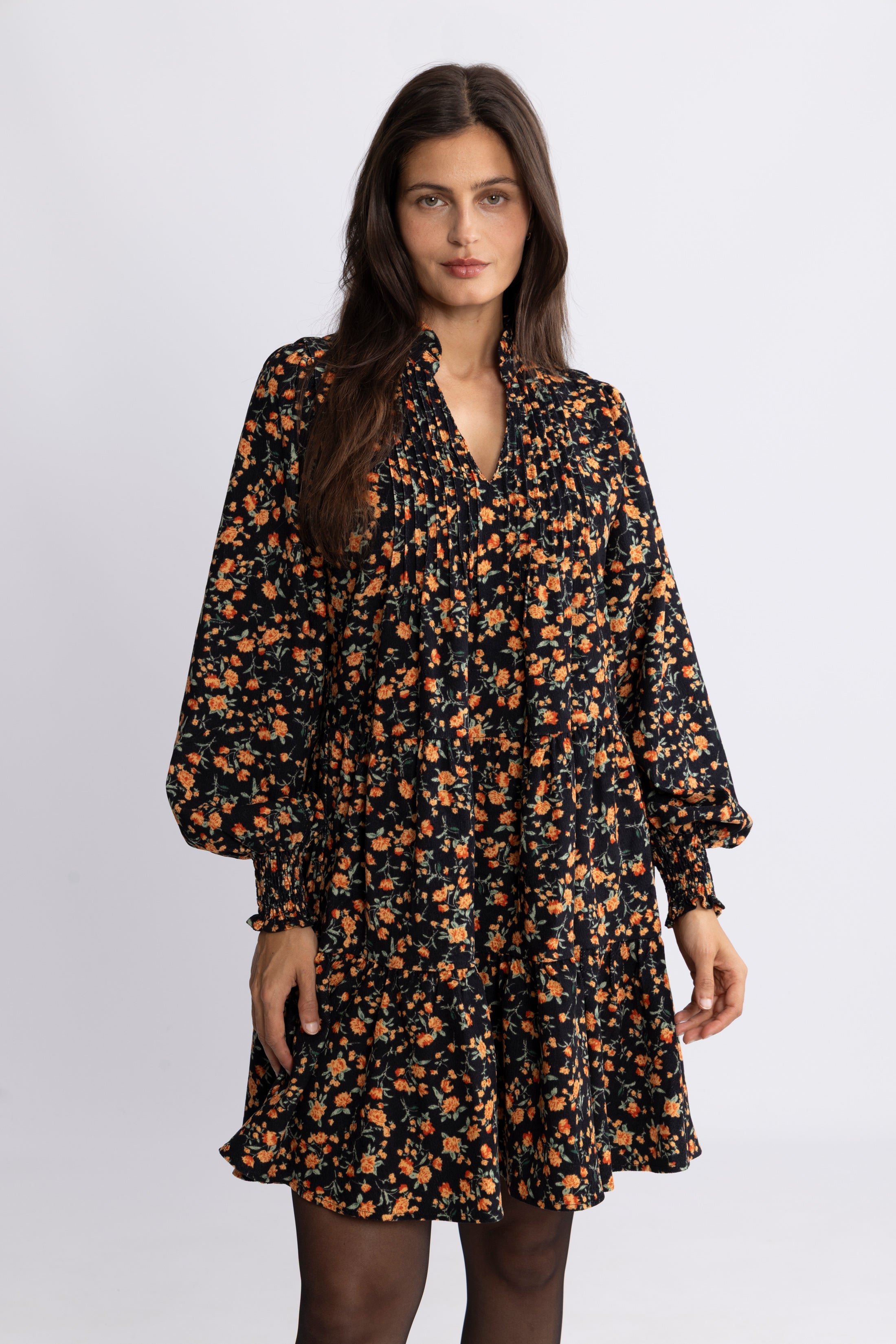 Embla Cord Flower Dress - Black Flower
