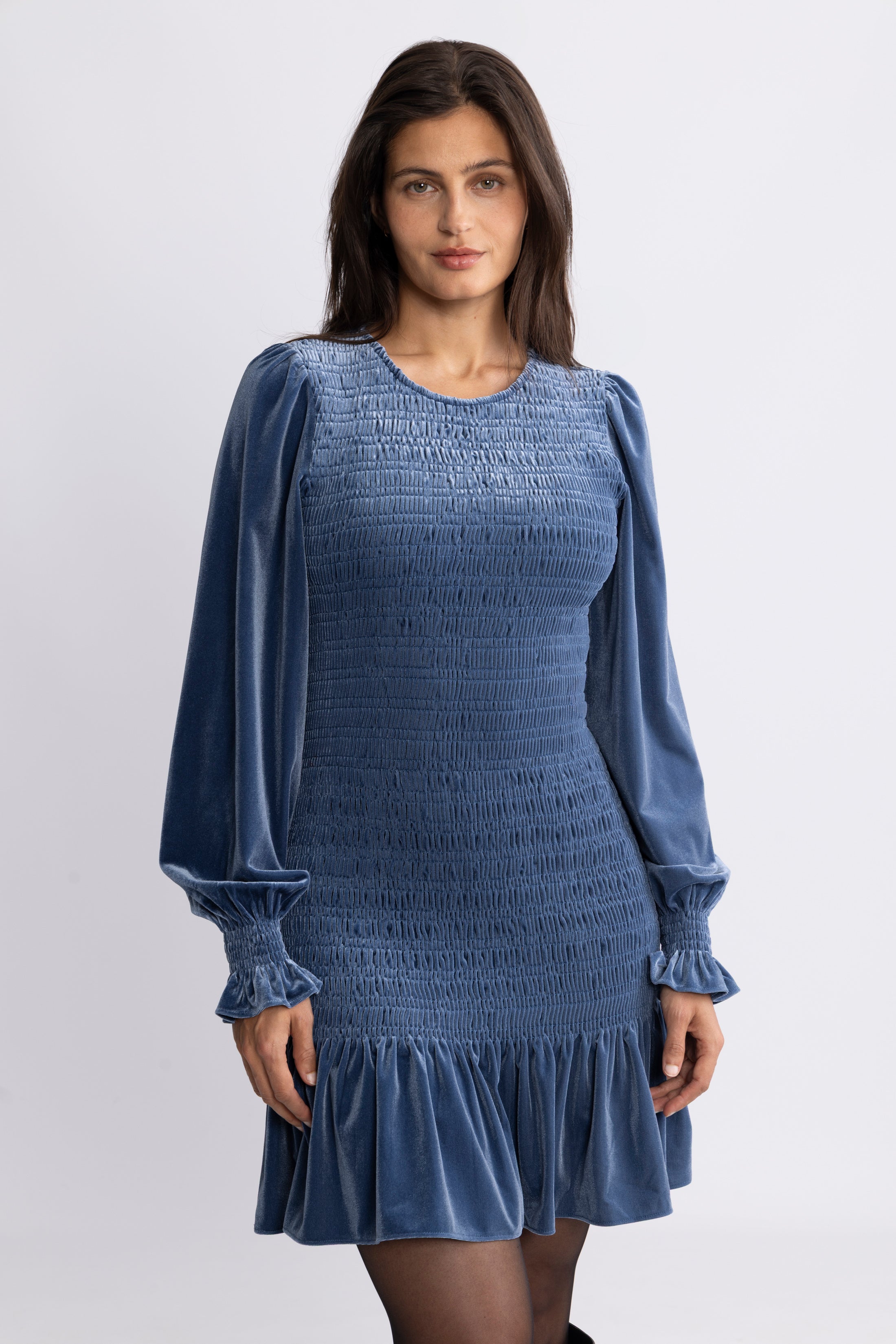 Rira Smock Velour Dress - Blue