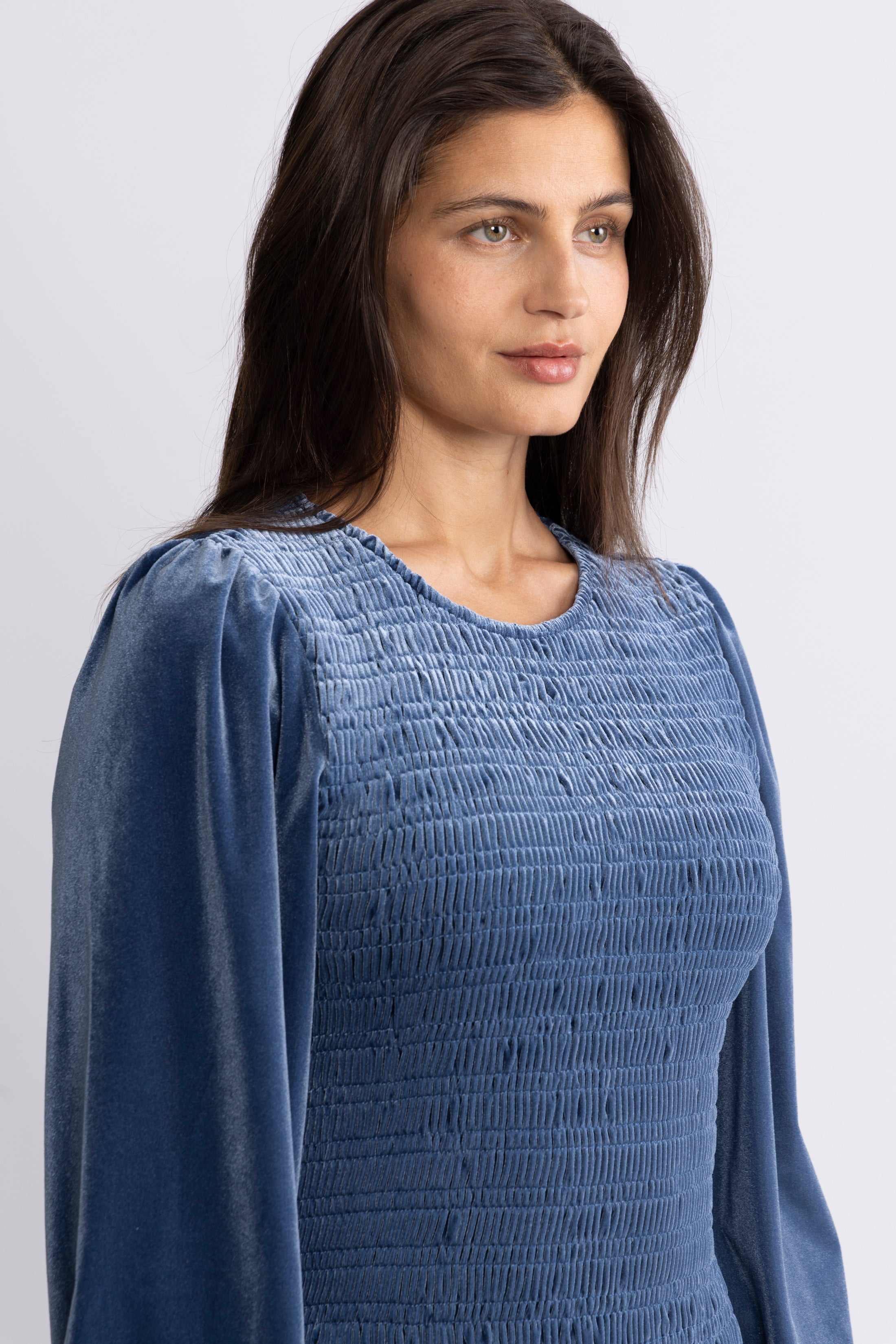 Rira Smock Velour Dress - Blue