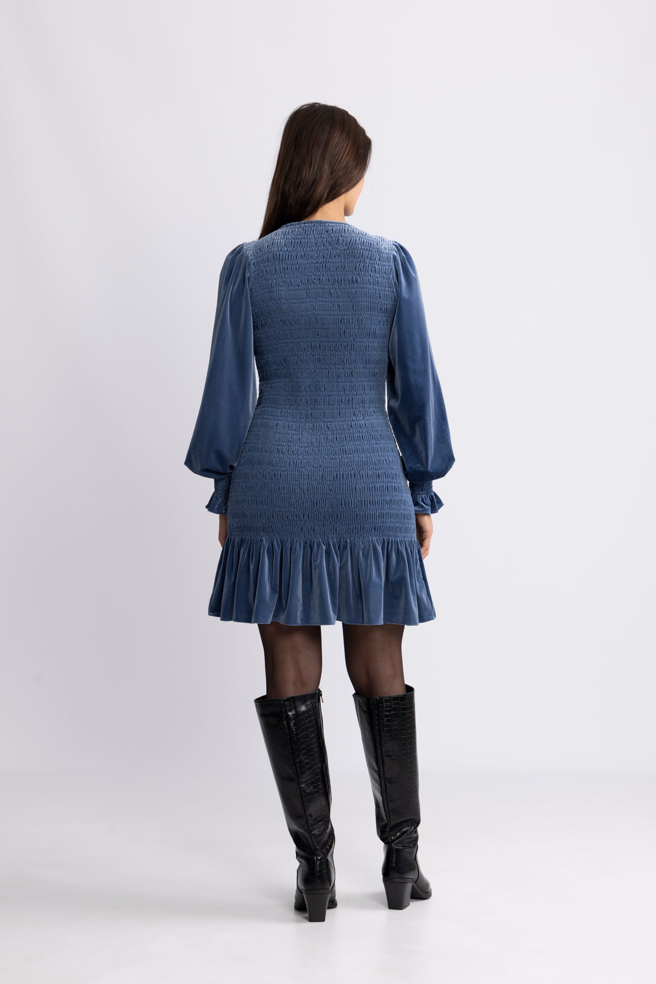 Rira Smock Velour Dress - Blue