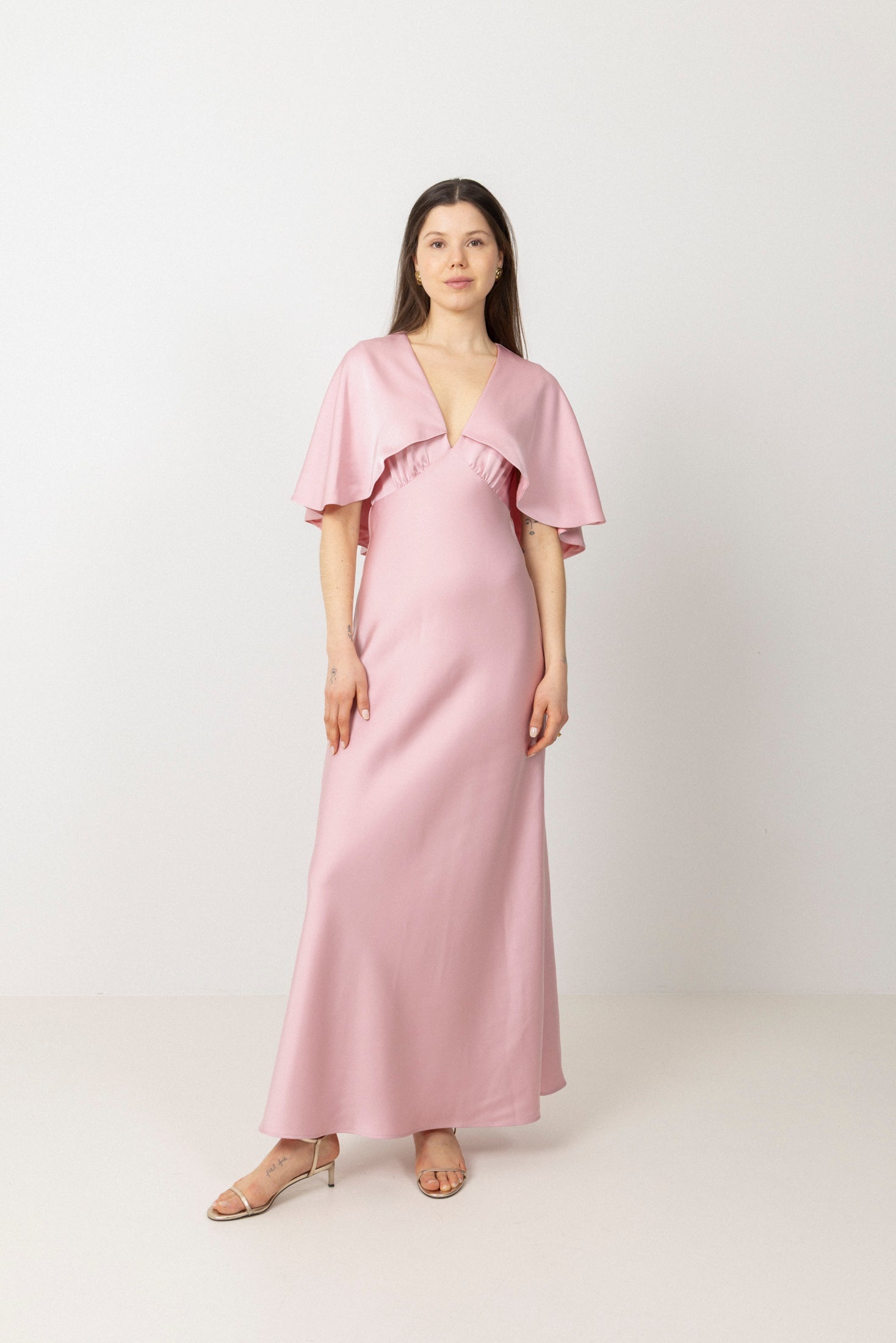 Arielle Satin Cape Maxi Dress - Pink