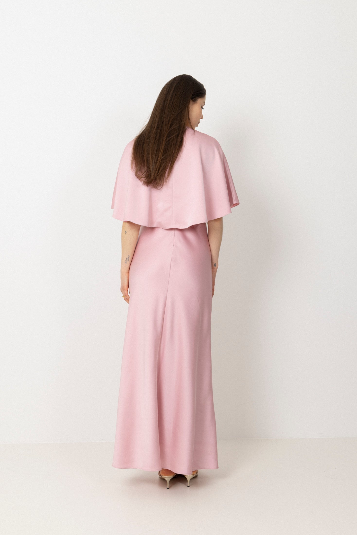 Arielle Satin Cape Maxi Dress - Pink