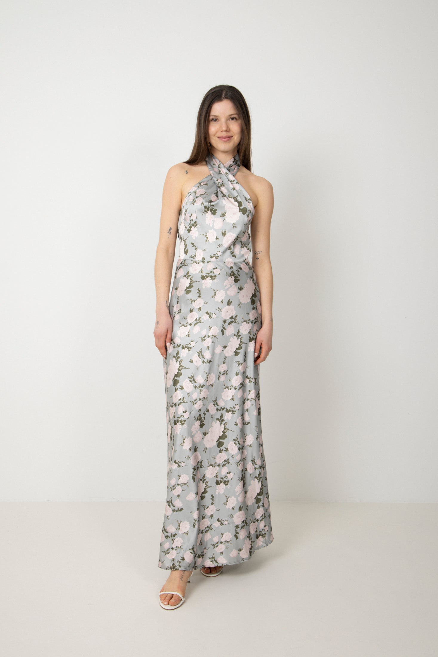 Ebba Floral Satin Maxi Dress - Green