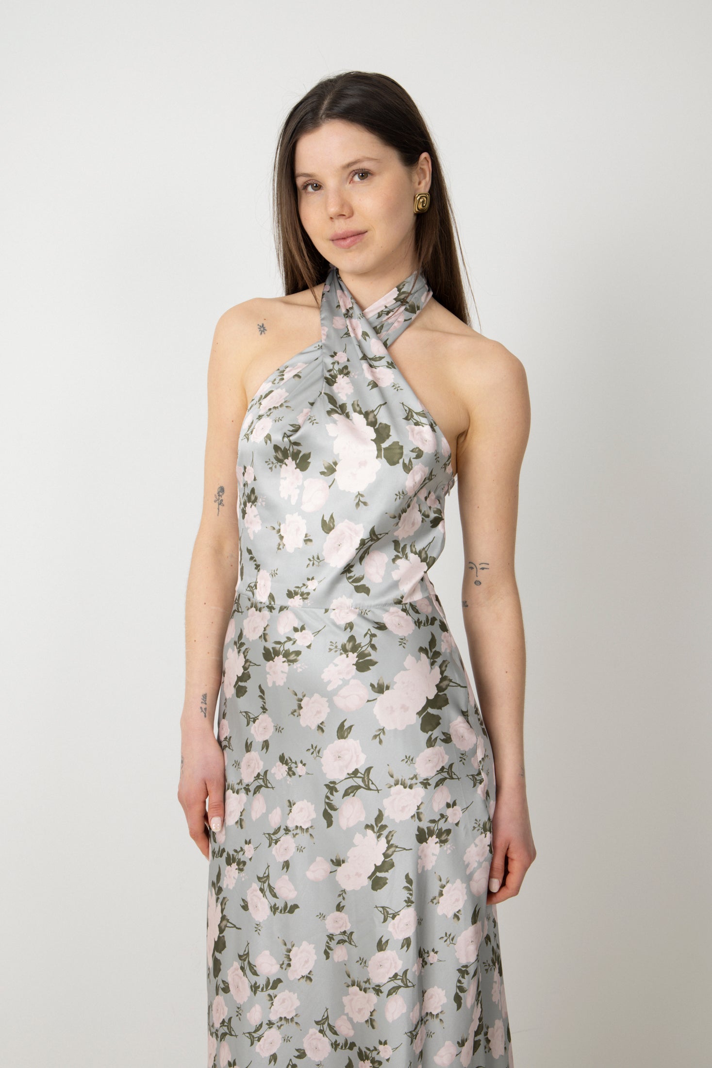 Ebba Floral Satin Maxi Dress - Green