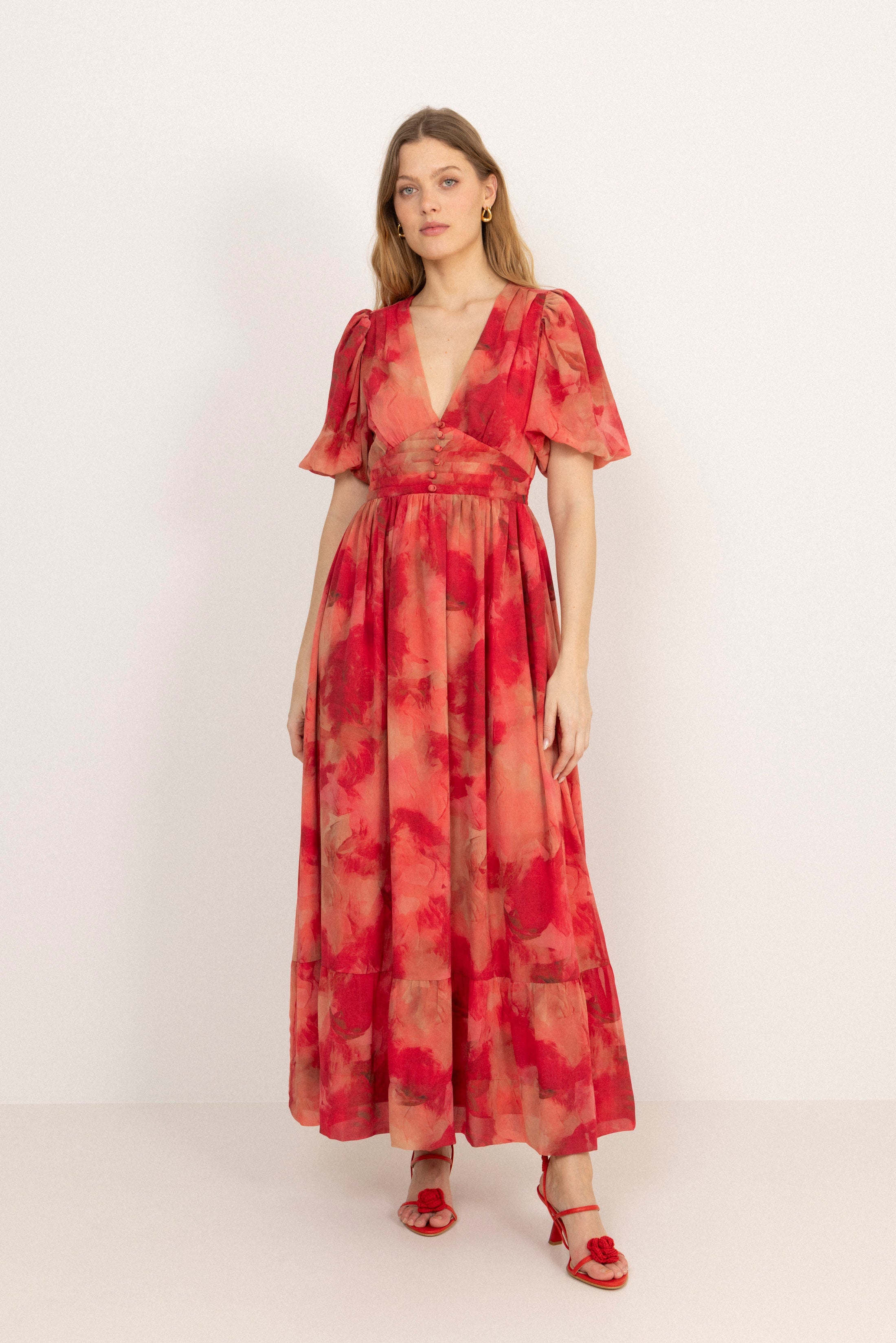 Nordalill Chiffon Maxi Dress - Coral Red
